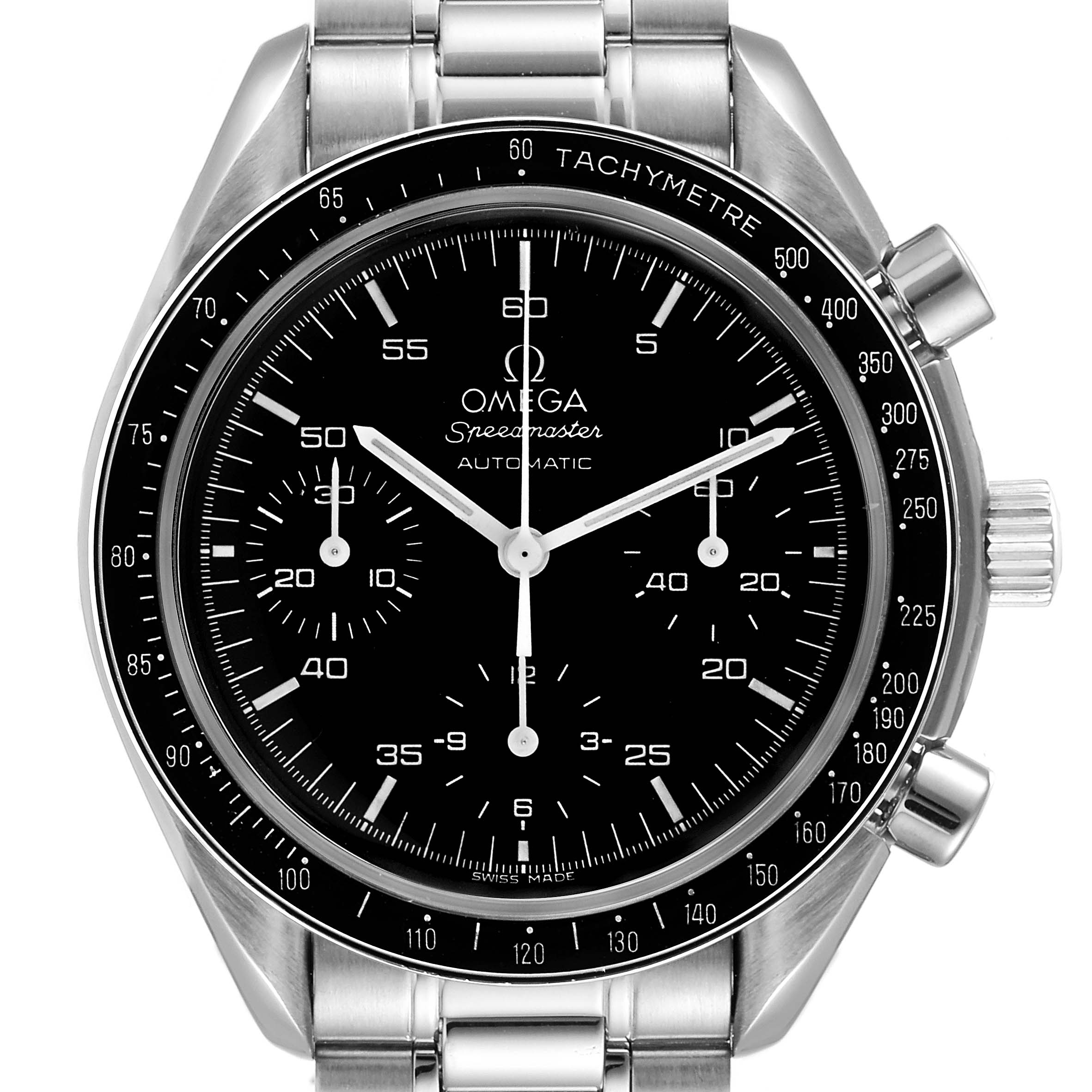 This image shows a front view of the Omega Speedmaster 3510.50.00 Men
s Stainless Steel Black Dial 3510.50.00 Men
s Stainless Steel Black Dial watch, highlighting its face, subdials, bezel, and bracelet.