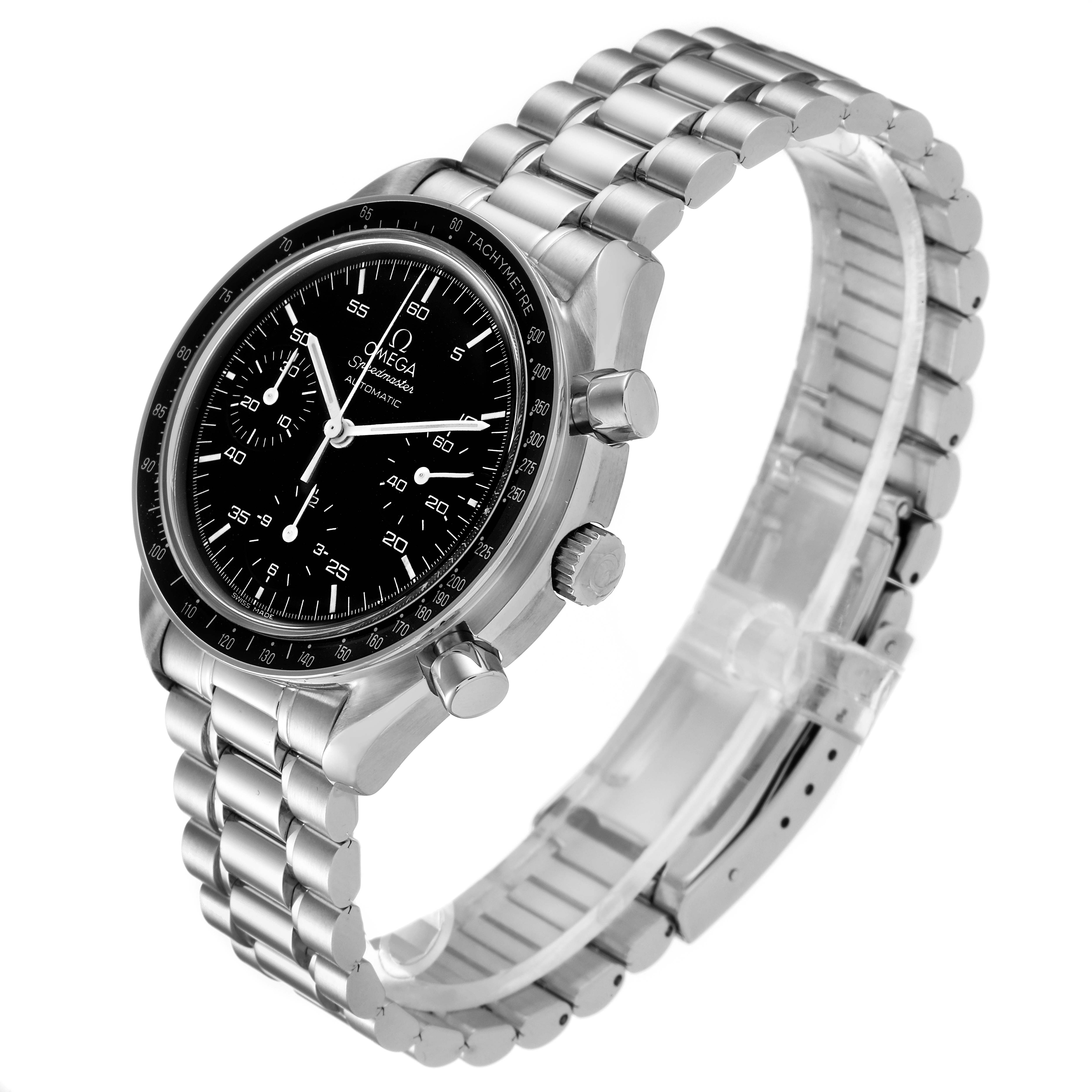 This image shows an angled view of the Omega Speedmaster 3510.50.00 Men
s Stainless Steel Black Dial 3510.50.00 Men
s Stainless Steel Black Dial watch, displaying the bracelet, bezel, dial, and chronograph pushers.