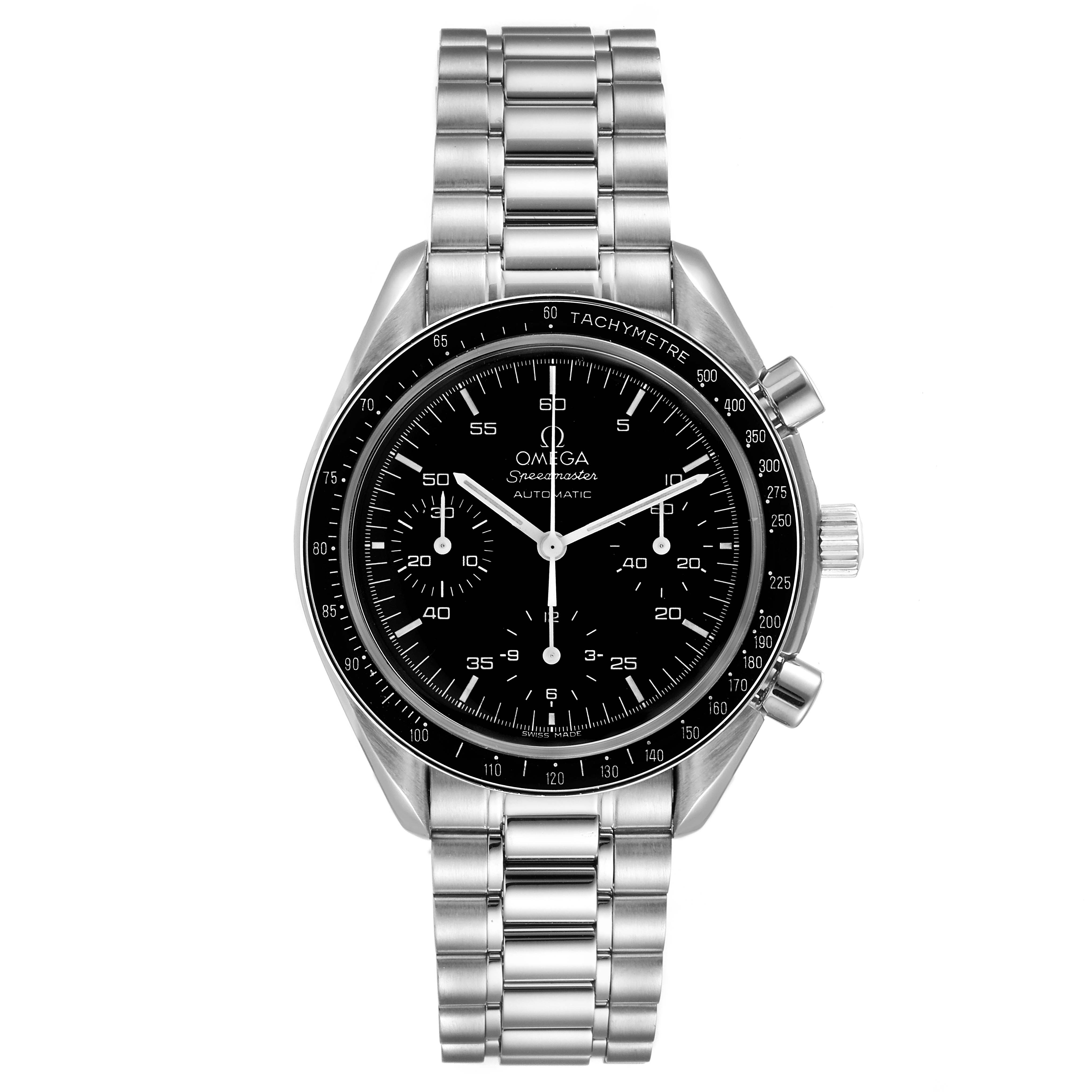 The image shows a front view of the Omega Speedmaster 3510.50.00 Men
s Stainless Steel Black Dial 3510.50.00 Men
s Stainless Steel Black Dial watch, displaying its black dial, tachymeter bezel, and metal bracelet.