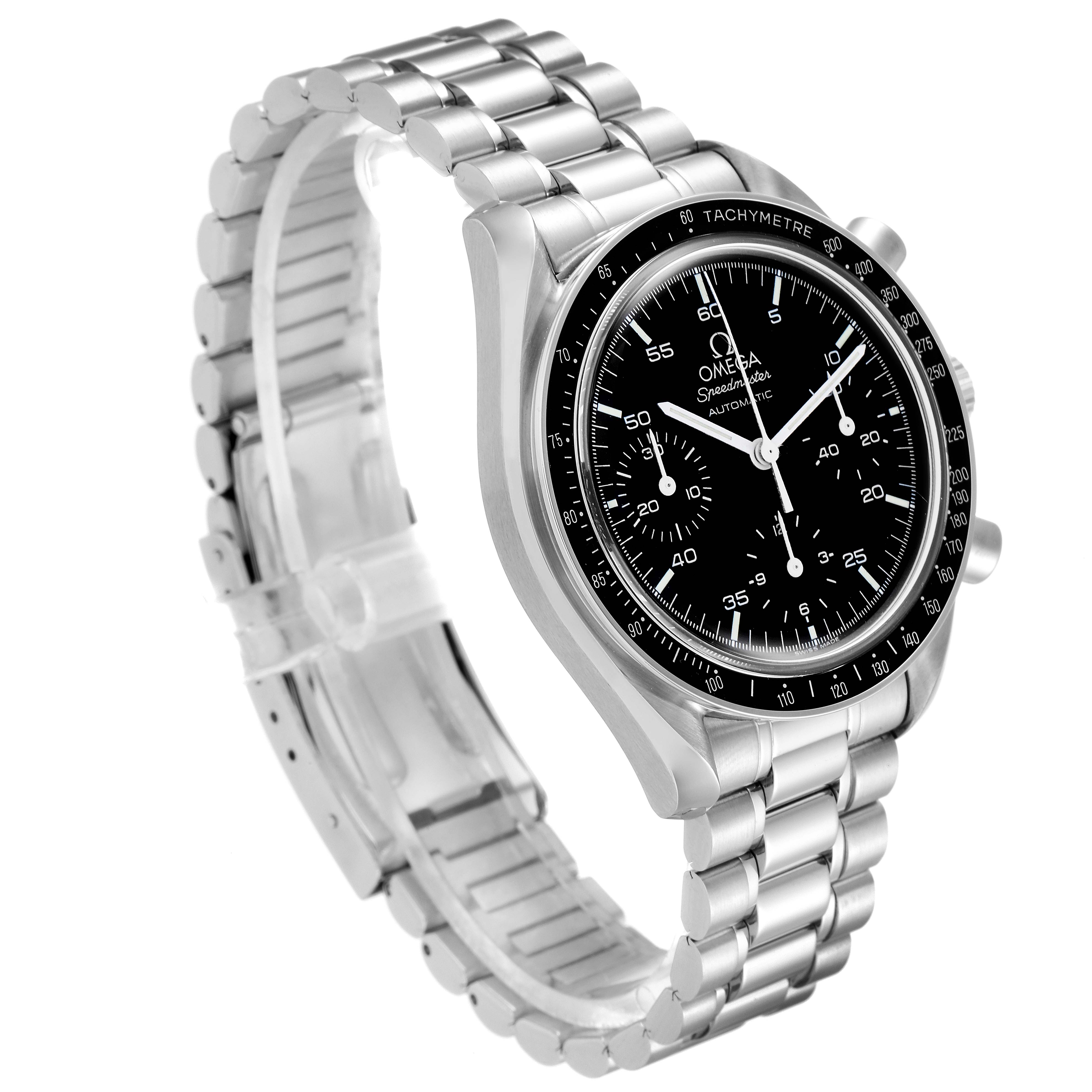 The image shows a frontal angle of an Omega Speedmaster 3510.50.00 Men
s Stainless Steel Black Dial 3510.50.00 Men
s Stainless Steel Black Dial watch, highlighting the black dial, tachymeter bezel, and stainless steel bracelet.