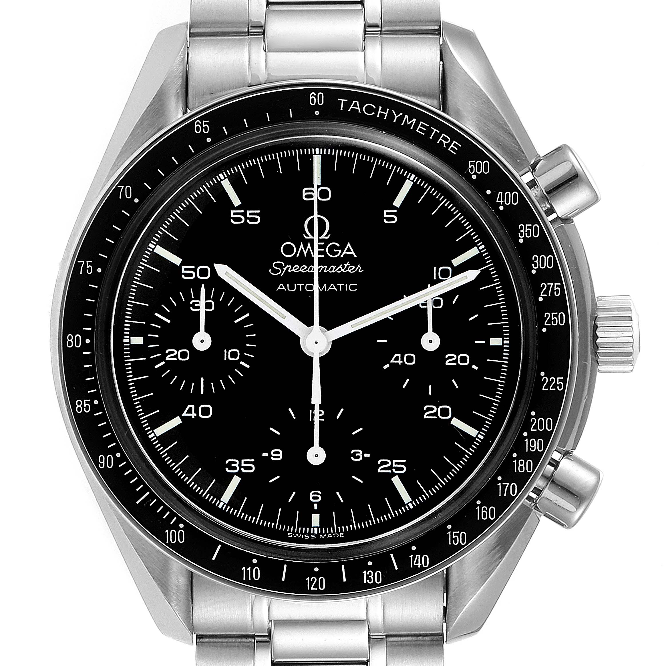 The image shows a front view of the Omega Speedmaster 3510.50.00 Men
s Stainless Steel Black Dial 3510.50.00 Men
s Stainless Steel Black Dial watch, displaying its face, bezel, and part of the stainless steel bracelet.