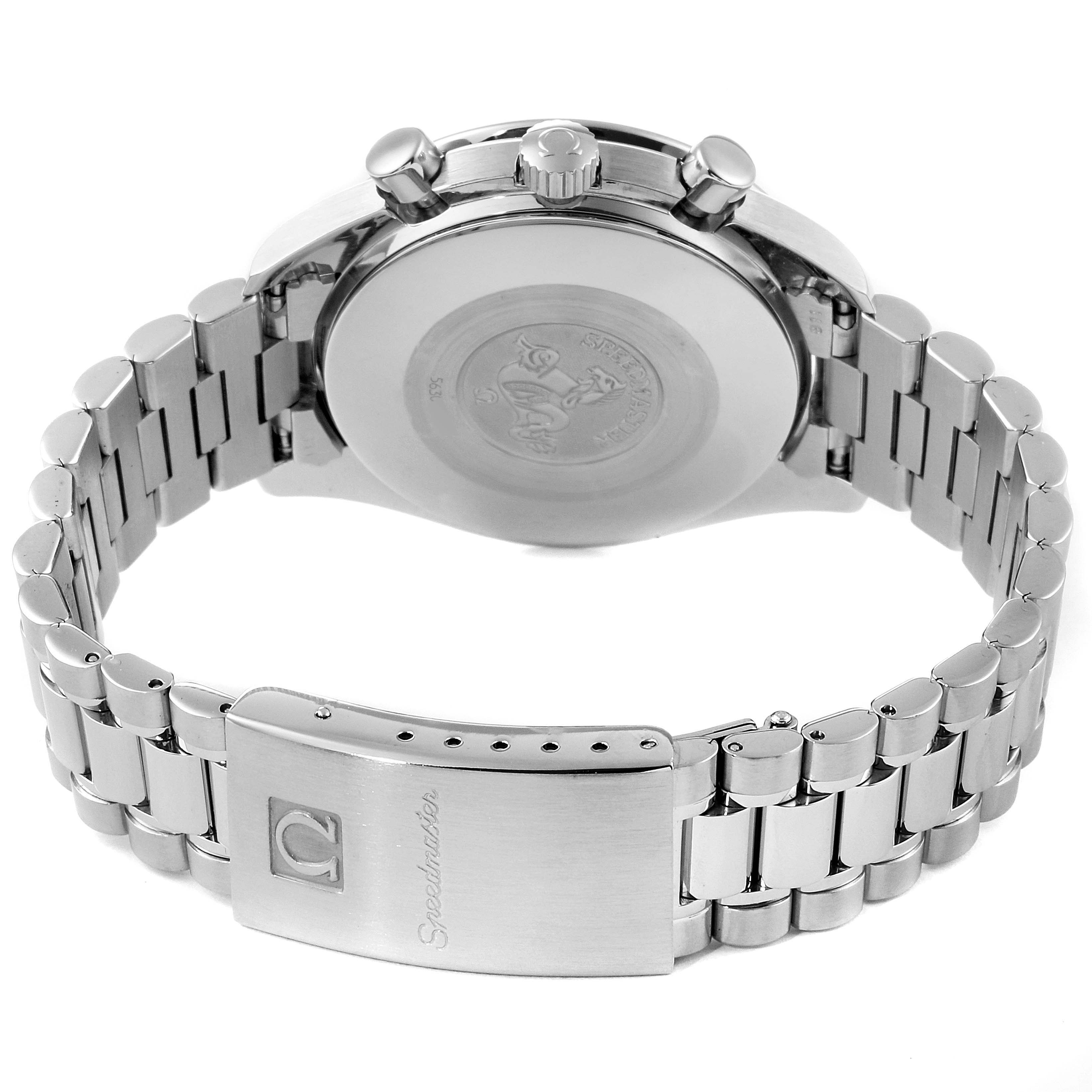 The image shows the Omega Speedmaster 3510.50.00 Men
s Stainless Steel Black Dial 3510.50.00 Men
s Stainless Steel Black Dial watch from the rear, highlighting the case back, bracelet, and clasp.