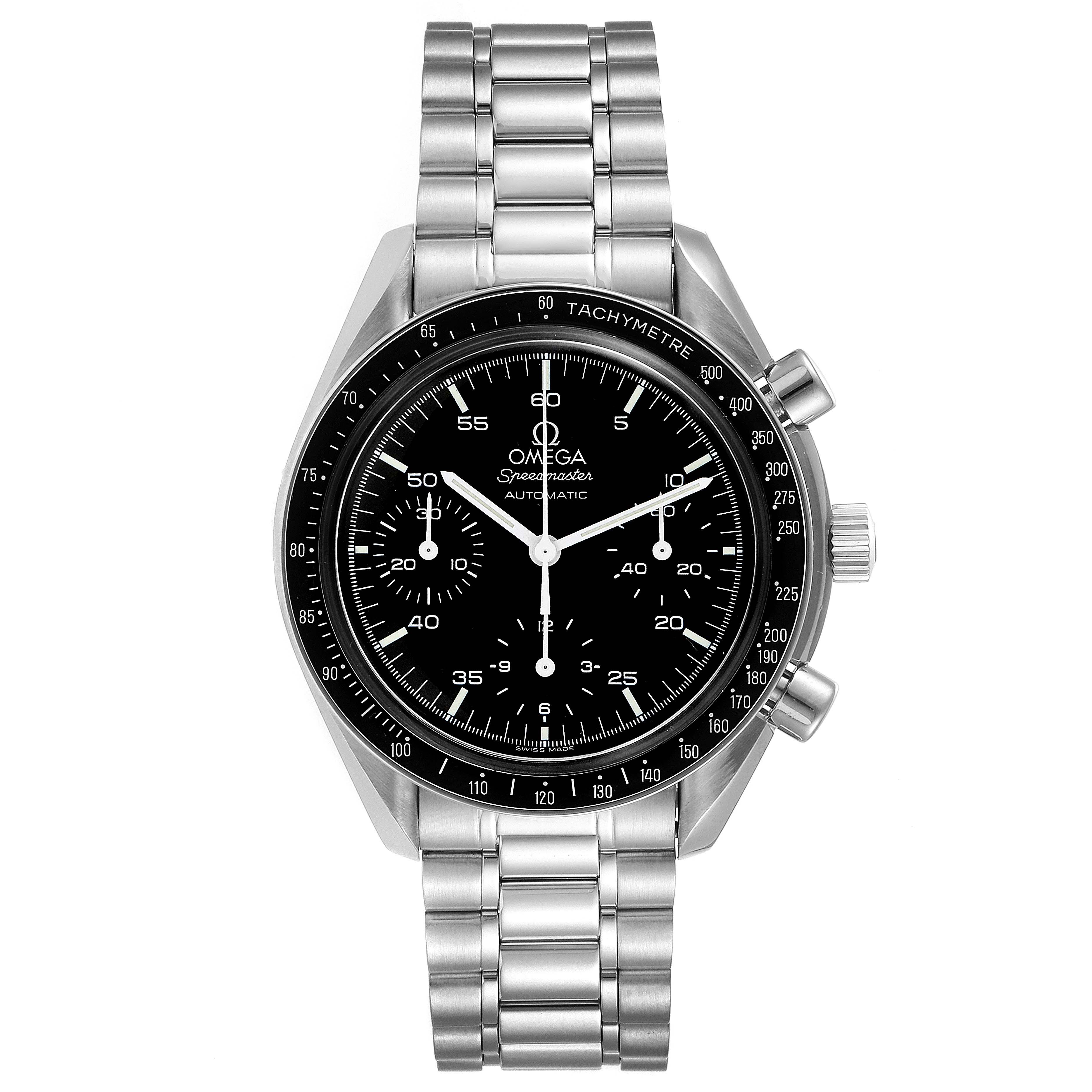 The image shows a front view of an Omega Speedmaster 3510.50.00 Men
s Stainless Steel Black Dial 3510.50.00 Men
s Stainless Steel Black Dial watch, highlighting the dial, case, and metal bracelet.