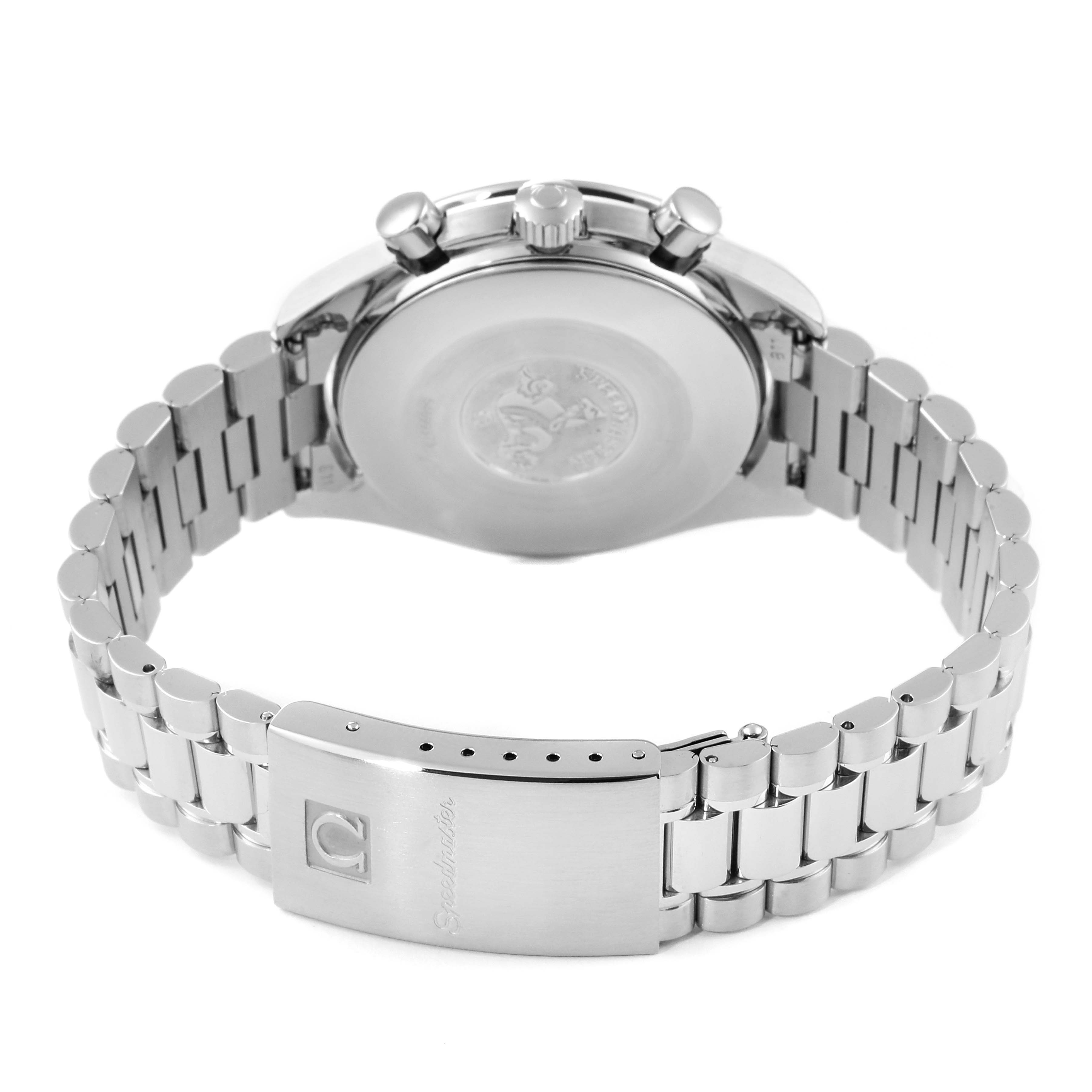 This image shows the back view of an Omega Speedmaster 3510.50.00 Men
s Stainless Steel Black Dial 3510.50.00 Men
s Stainless Steel Black Dial watch, highlighting the case back and metal bracelet with clasp.