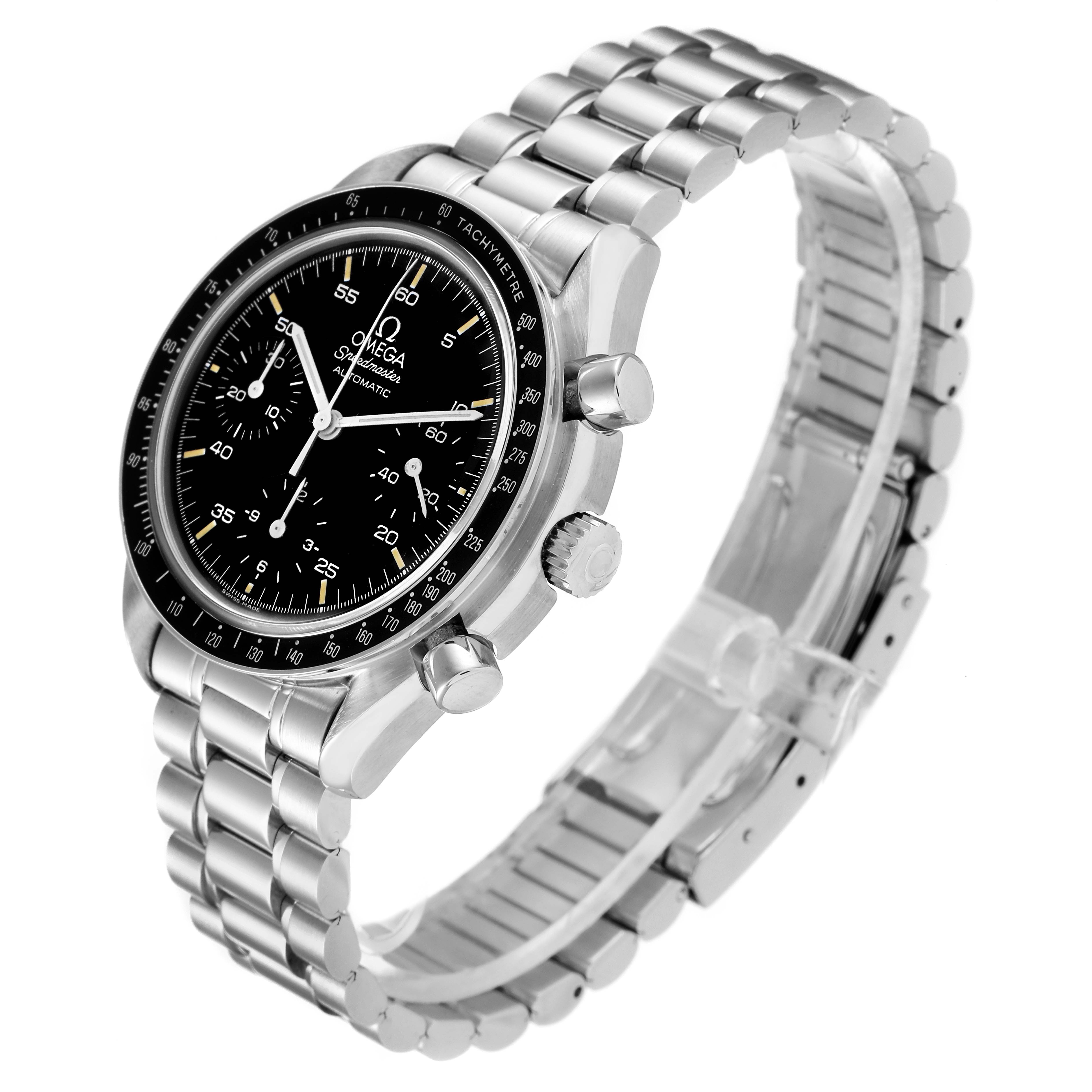 The image shows a side and front angle of the Omega Speedmaster 3510.50.00 Men
s Stainless Steel Black Dial 3510.50.00 Men
s Stainless Steel Black Dial watch, highlighting its black dial, tachymeter scale, and stainless steel bracelet.