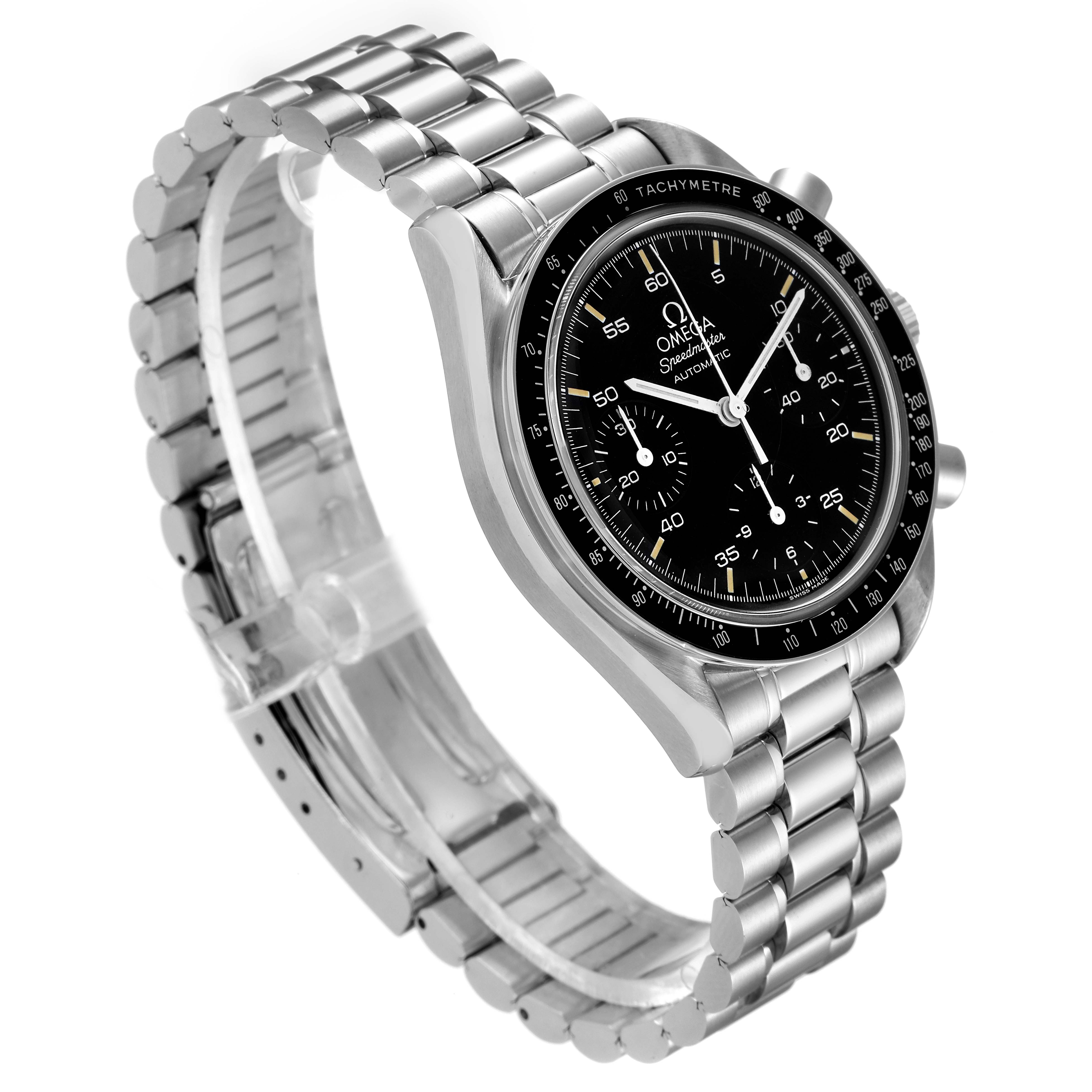 The image shows an angled view of the Omega Speedmaster 3510.50.00 Men
s Stainless Steel Black Dial 3510.50.00 Men
s Stainless Steel Black Dial watch, highlighting the face, bezel, and metal bracelet.