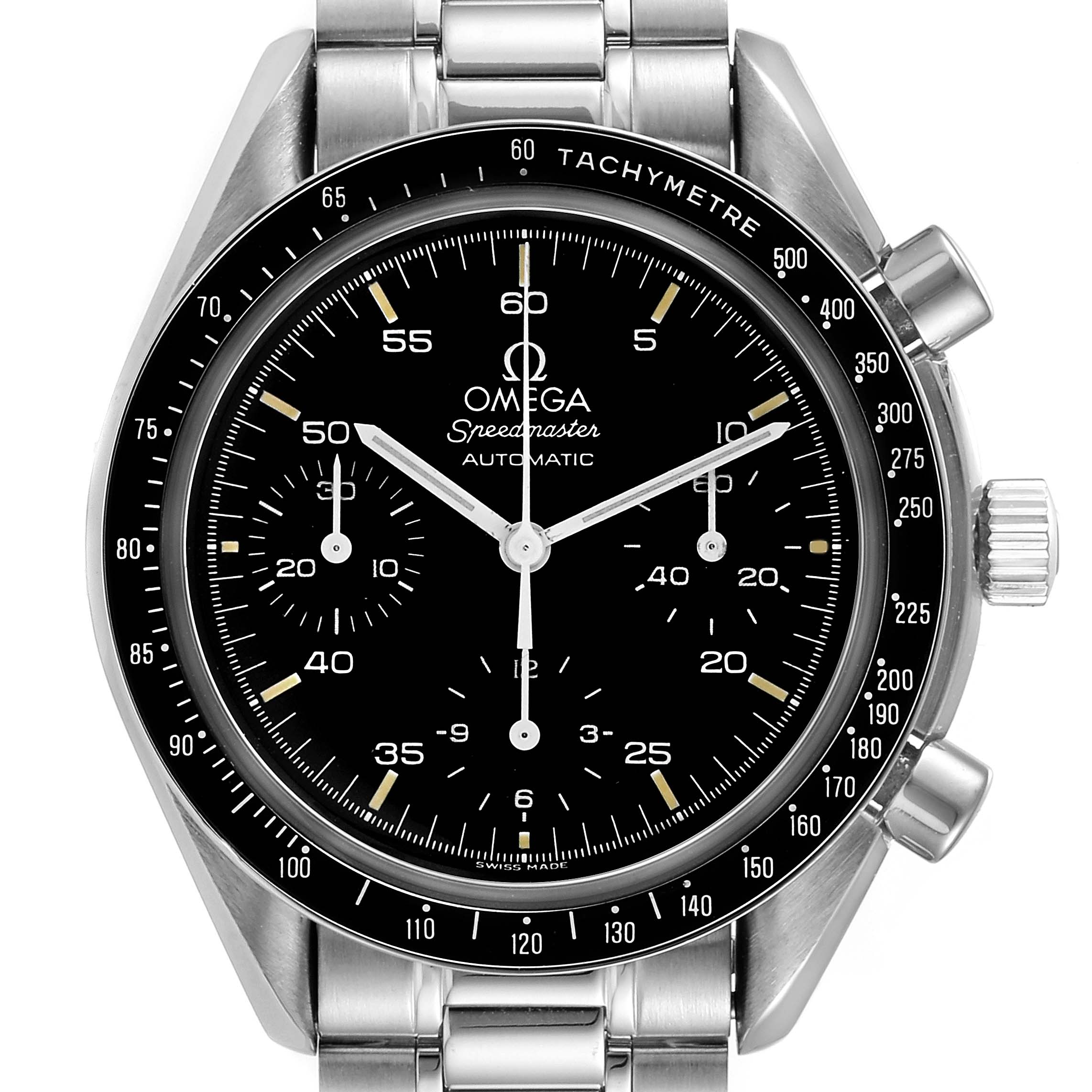 The image shows a front view of an Omega Speedmaster 3510.50.00 Men
s Stainless Steel Black Dial 3510.50.00 Men
s Stainless Steel Black Dial watch, displaying its dial, bezel, and stainless steel bracelet.