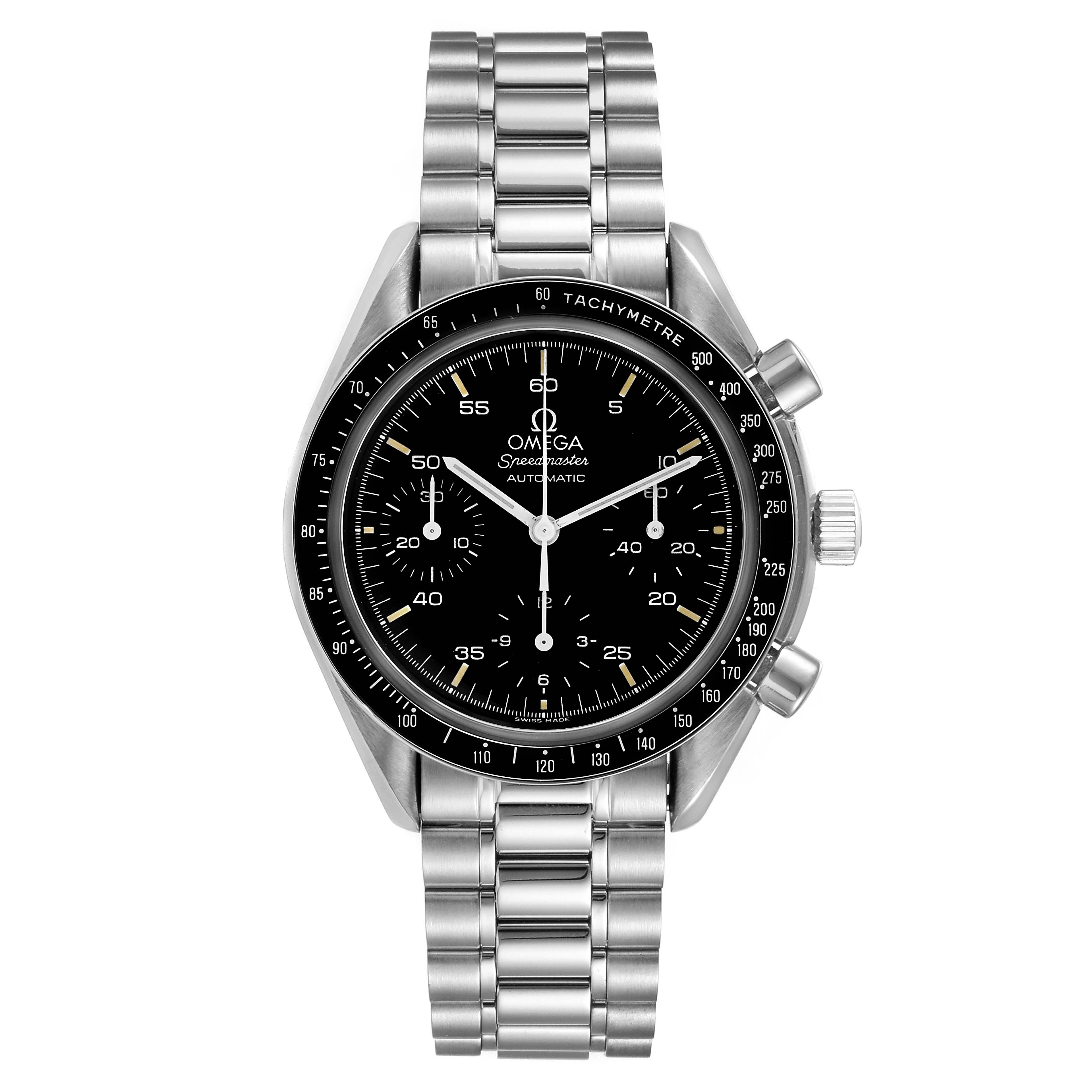 The image shows a front view of an Omega Speedmaster 3510.50.00 Men
s Stainless Steel Black Dial 3510.50.00 Men
s Stainless Steel Black Dial watch, featuring its face, bezel, and stainless steel bracelet.