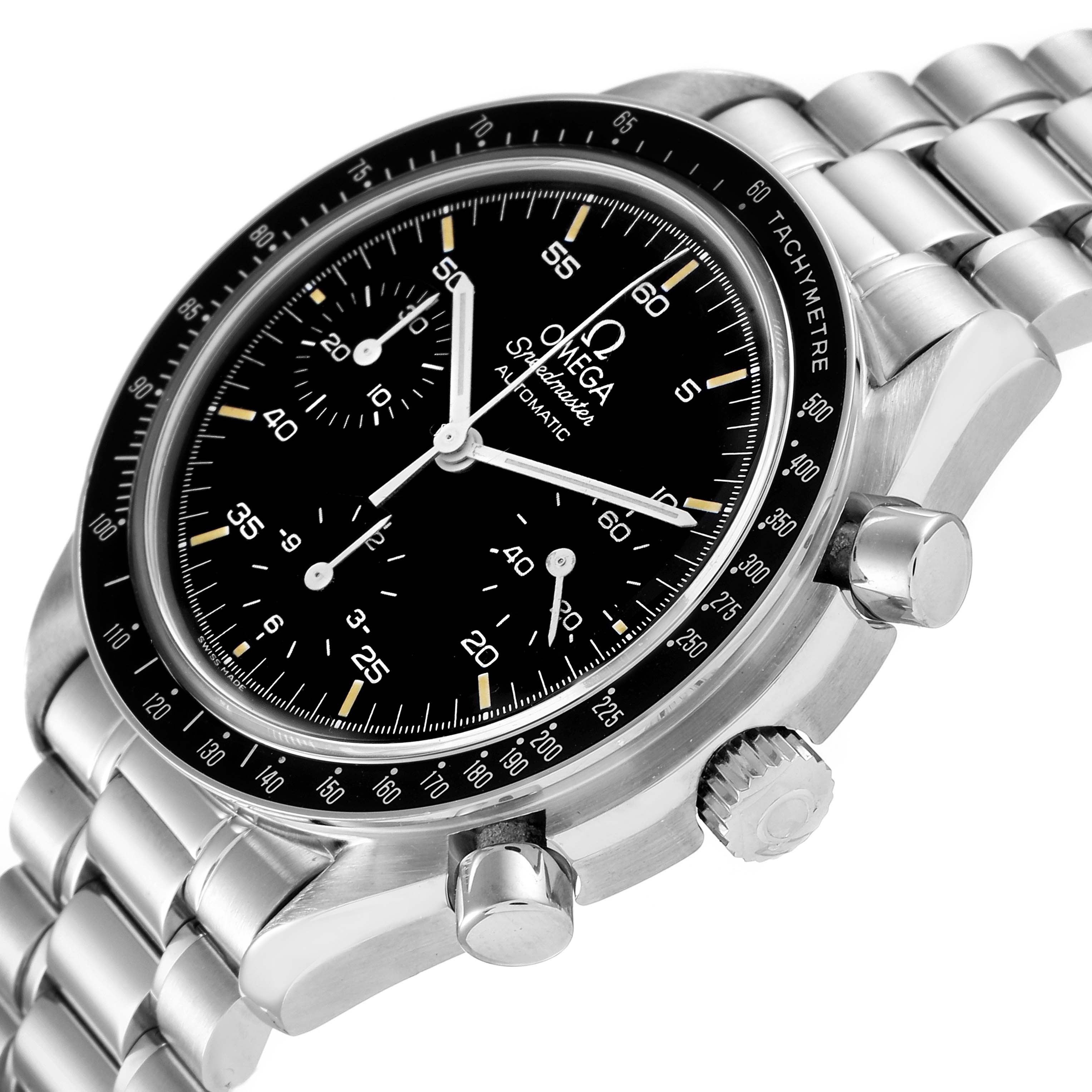 The image shows an Omega Speedmaster 3510.50.00 Men
s Stainless Steel Black Dial 3510.50.00 Men
s Stainless Steel Black Dial watch at a three-quarter angle, highlighting its black dial, bezel, pushers, and stainless steel bracelet.