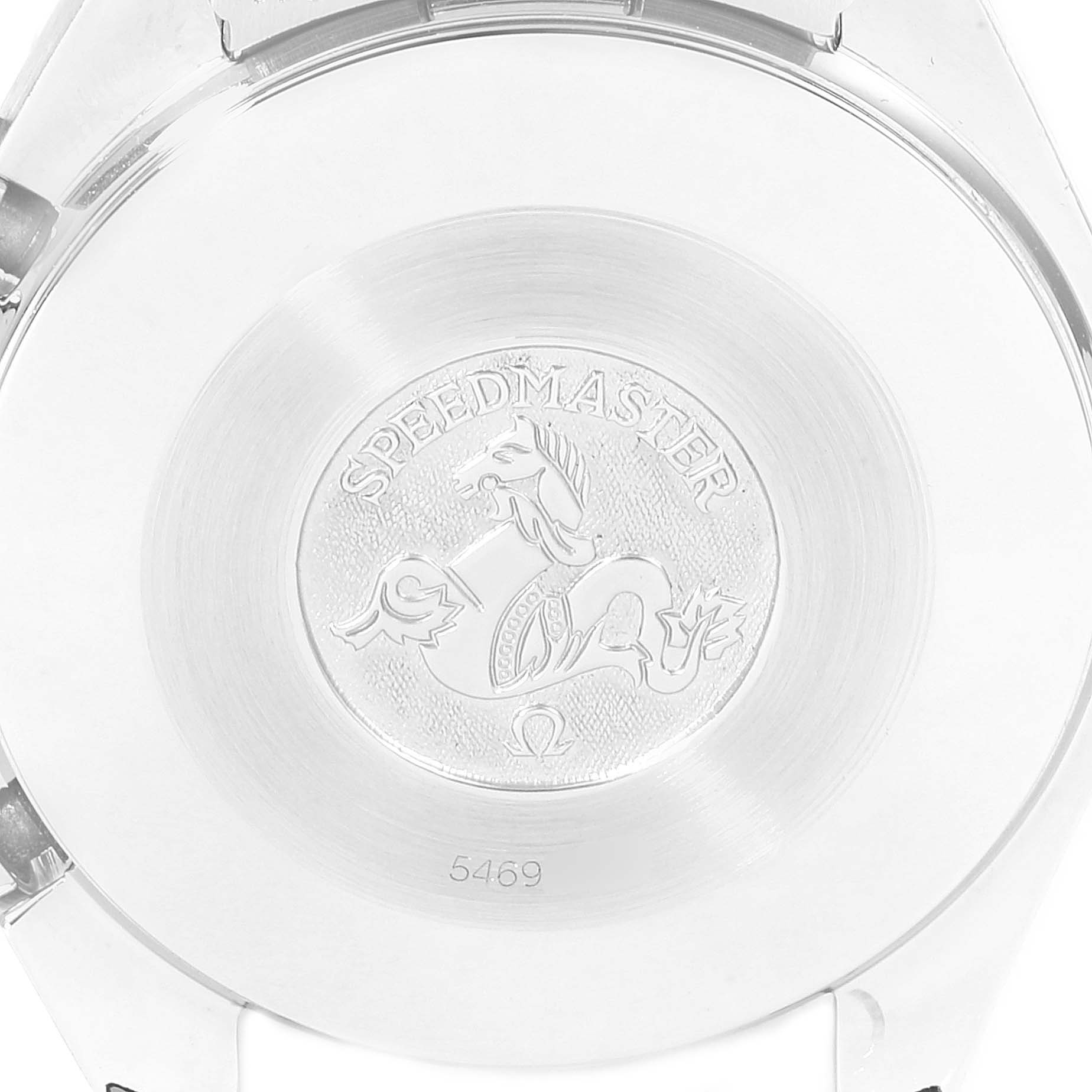 The image shows the case back of an Omega Speedmaster 3510.50.00 Men
s Stainless Steel Black Dial 3510.50.00 Men
s Stainless Steel Black Dial watch, displaying the Speedmaster logo and some engraved details.