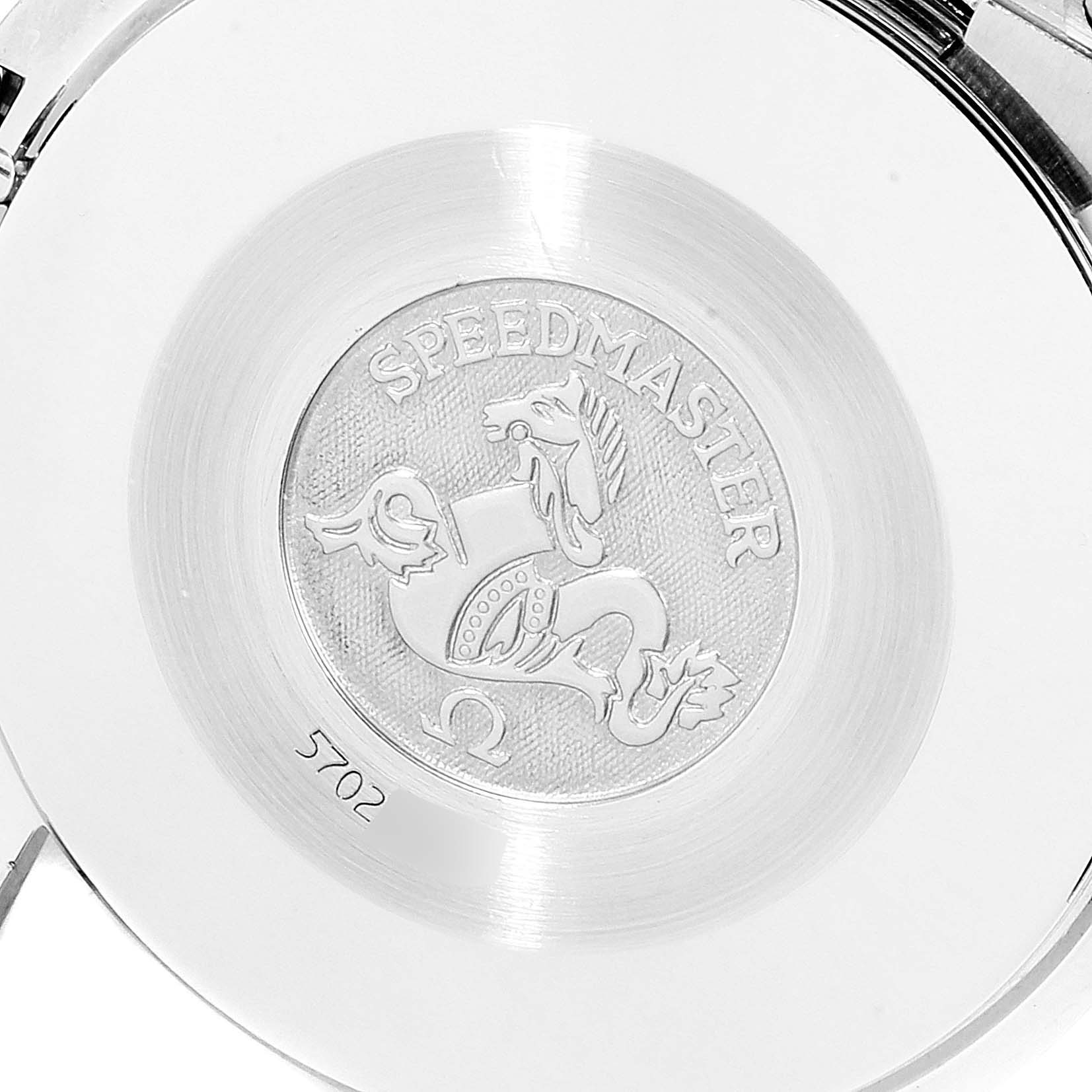 This image shows the back casing of an Omega Speedmaster 3510.50.00 Men
s Stainless Steel Black Dial 3510.50.00 Men
s Stainless Steel Black Dial watch, featuring the engraved emblem and model name.