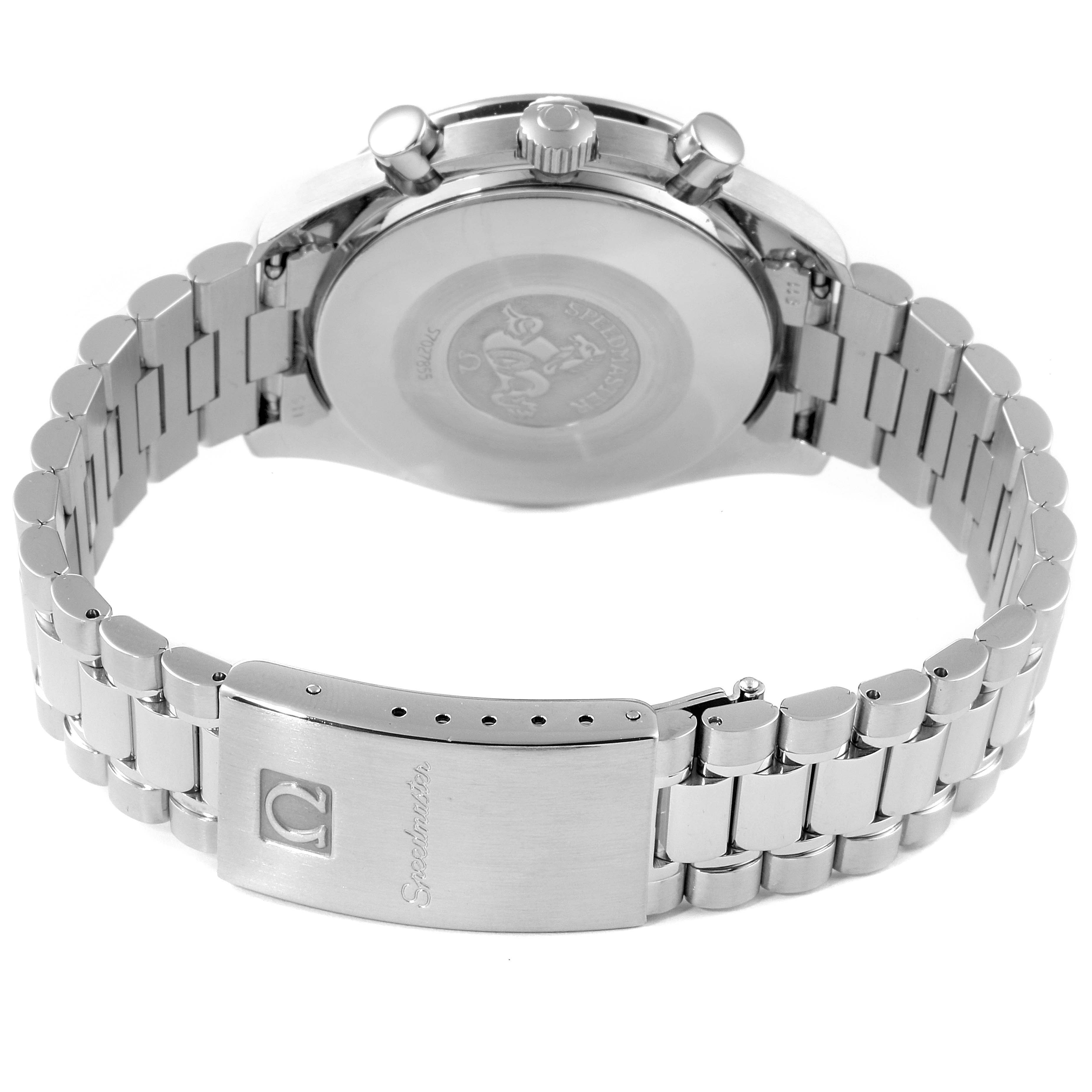 The image shows the back case and stainless steel bracelet with the clasp of the Omega Speedmaster 3510.50.00 Men
s Stainless Steel Black Dial 3510.50.00 Men
s Stainless Steel Black Dial watch at a rear angle.