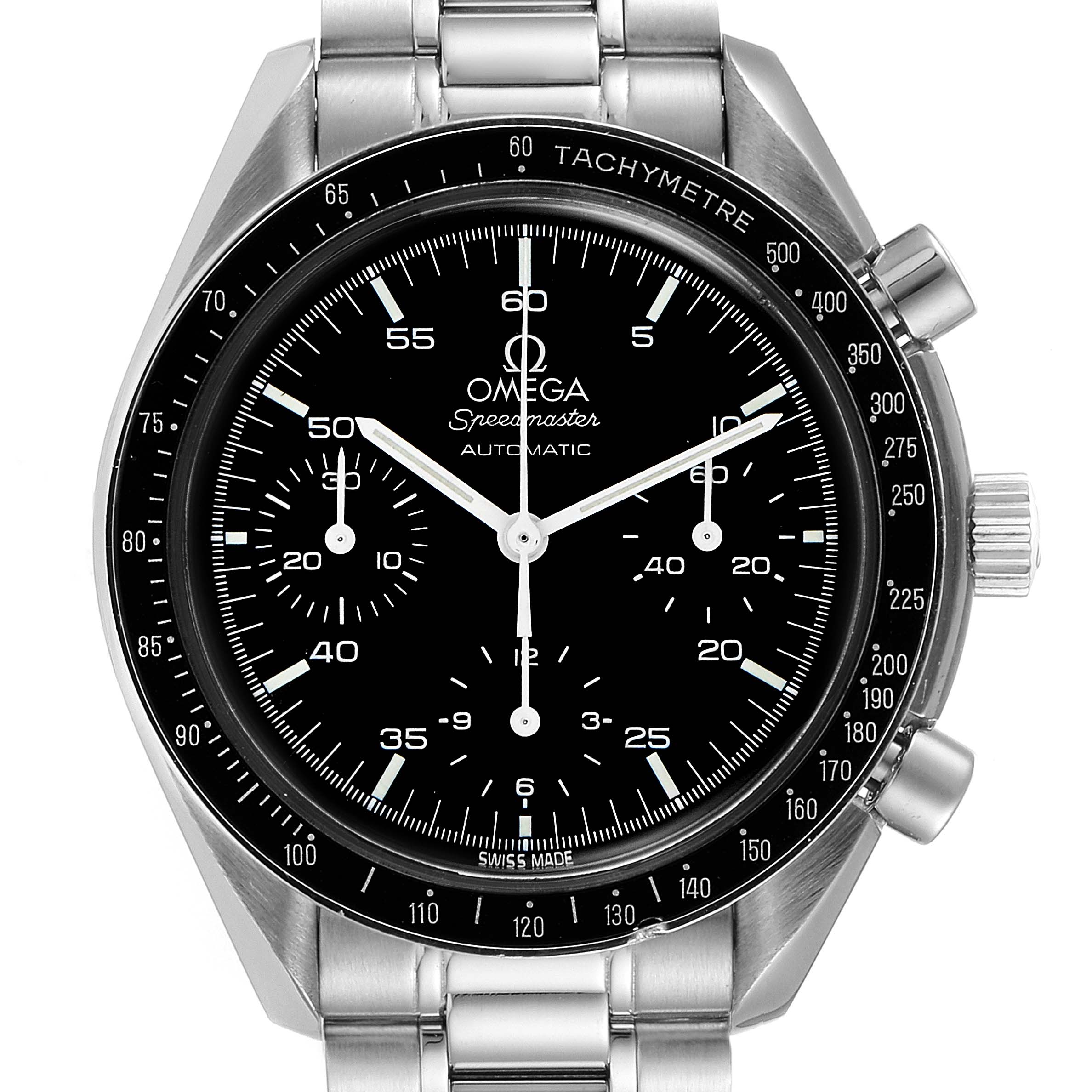 The image shows a front view of the Omega Speedmaster 3510.50.00 Men
s Stainless Steel Black Dial 3510.50.00 Men
s Stainless Steel Black Dial watch, highlighting its black dial, tachymeter bezel, and steel bracelet.