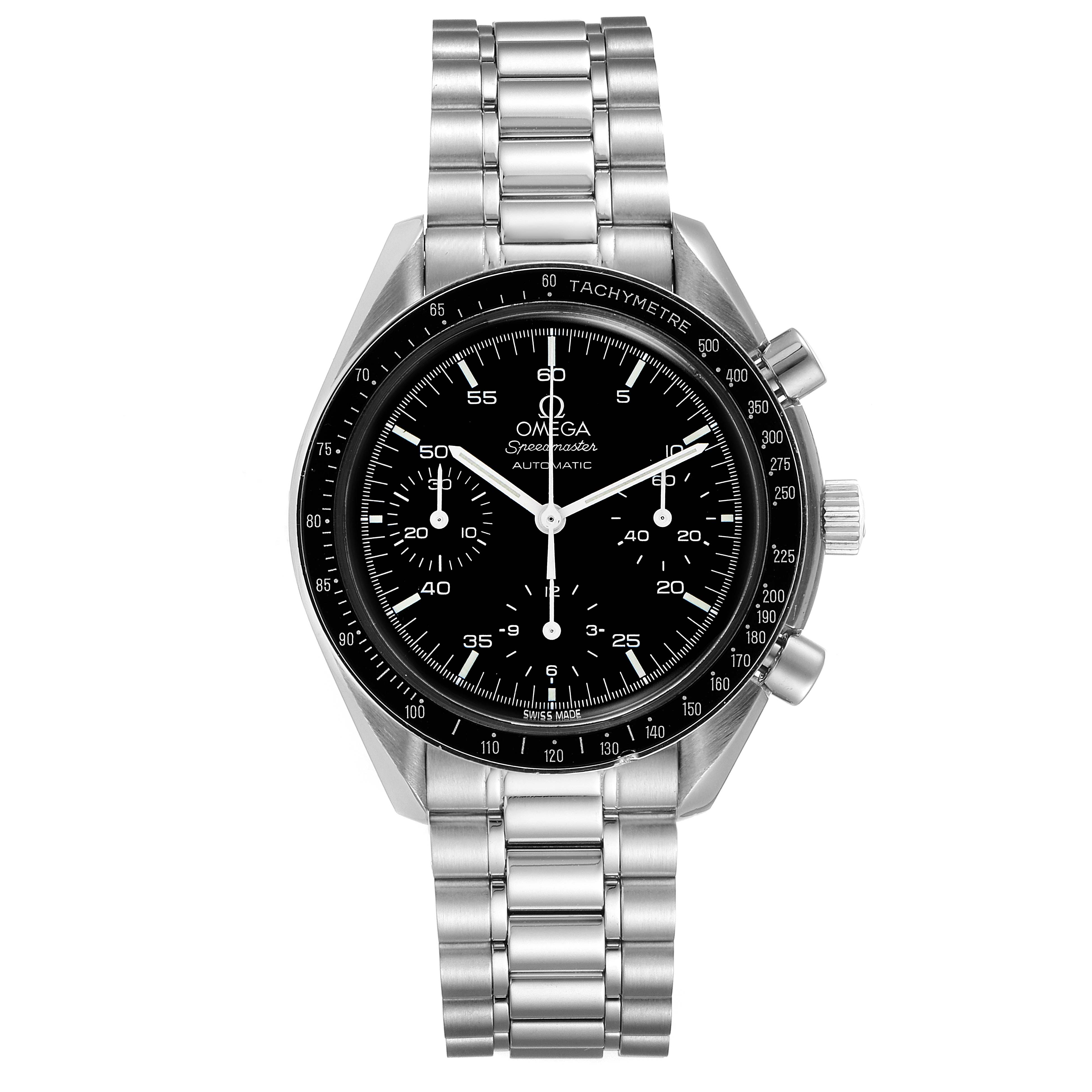 The Omega Speedmaster 3510.50.00 Men
s Stainless Steel Black Dial 3510.50.00 Men
s Stainless Steel Black Dial watch is shown from a top-down angle, displaying the face, tachymeter bezel, pushers, and stainless steel bracelet.