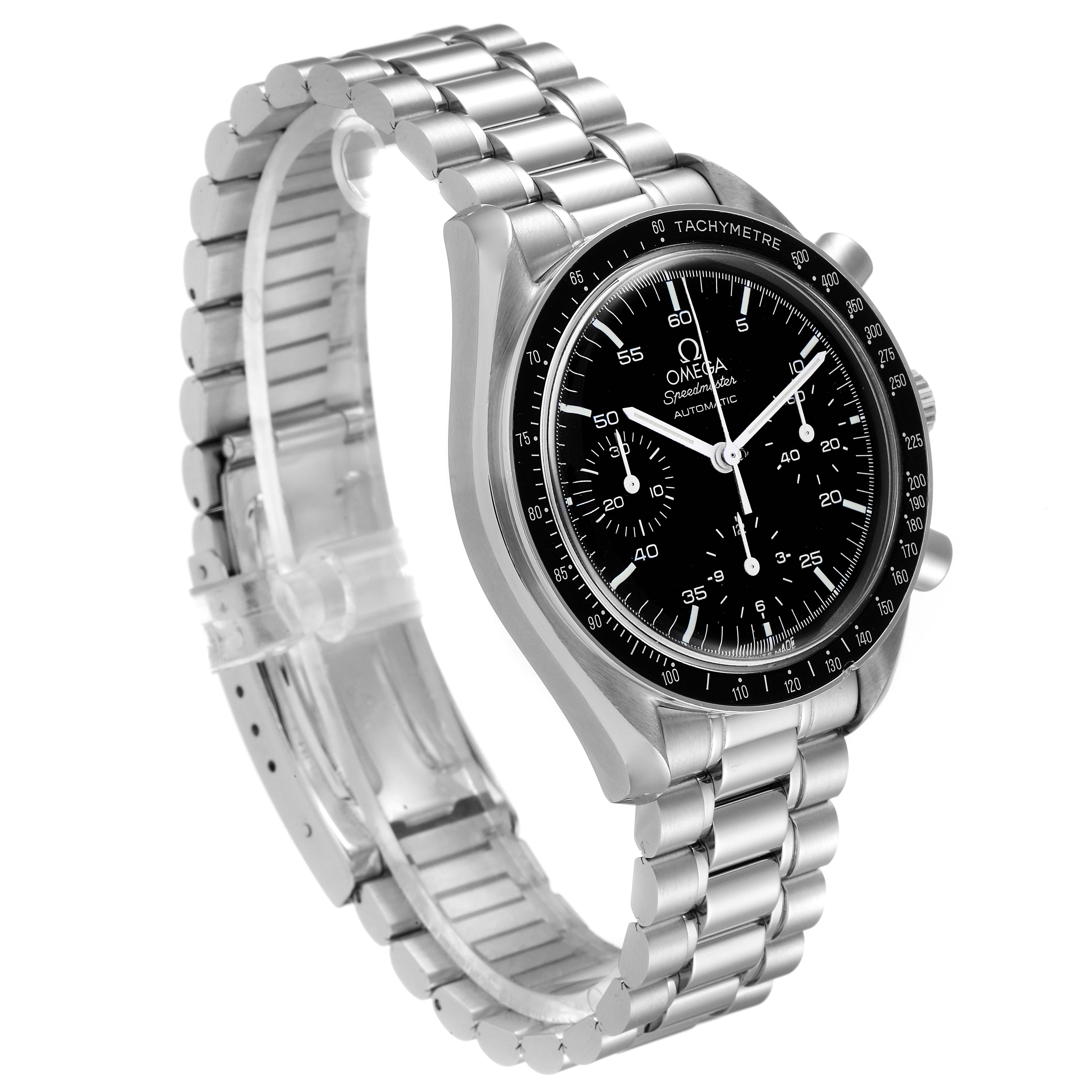 This image shows a side angle of an Omega Speedmaster 3510.50.00 Men
s Stainless Steel Black Dial 3510.50.00 Men
s Stainless Steel Black Dial watch, highlighting the bracelet, bezel, crown, and subdials.