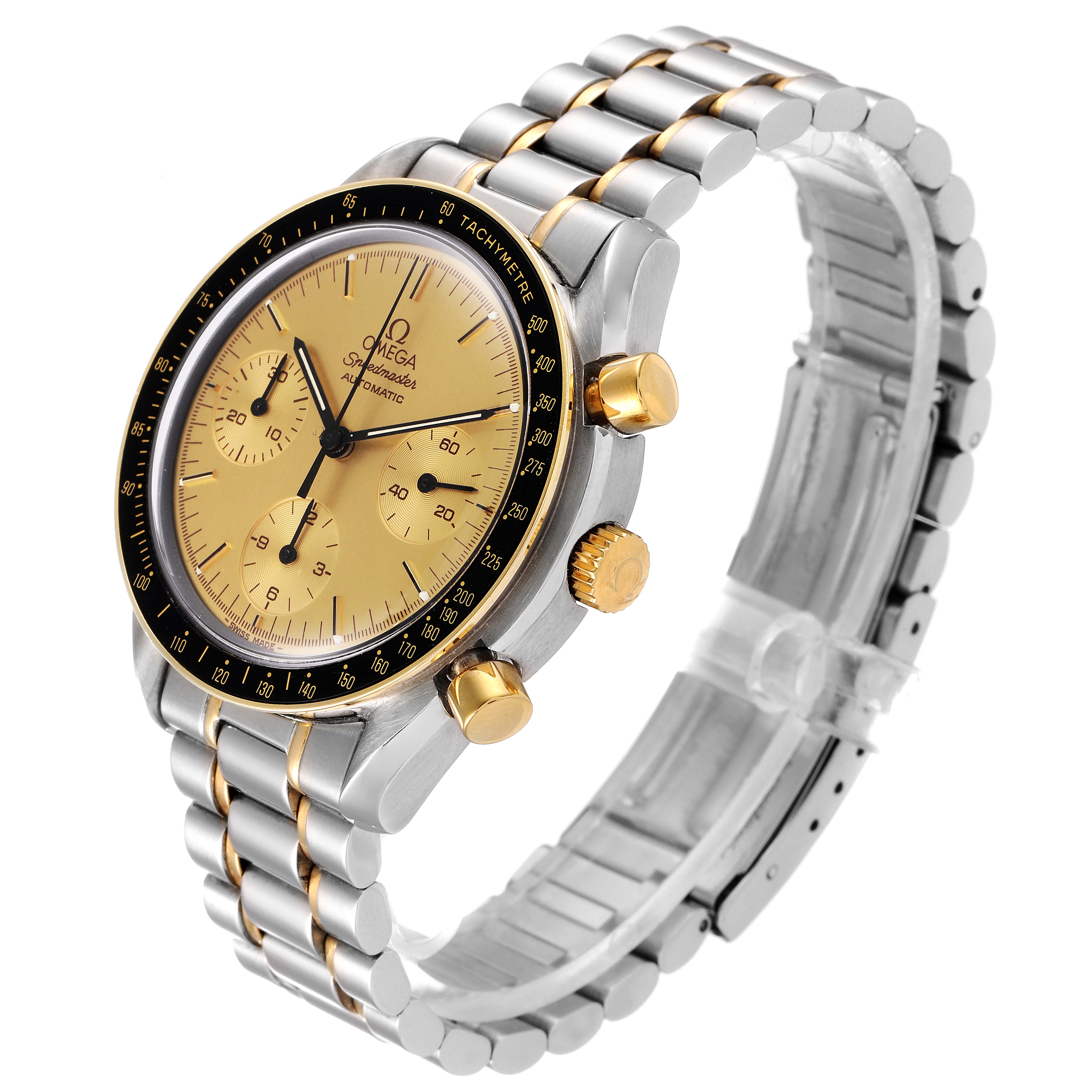 The Omega Speedmaster 3310.10.00 Men's Steel and Gold (two tone) Champagne Dial 3310.10.00 Men's Steel and Gold (two tone) Champagne Dial watch is shown at a three-quarter angle, highlighting the face, bezel, crown, pushers, and bracelet.