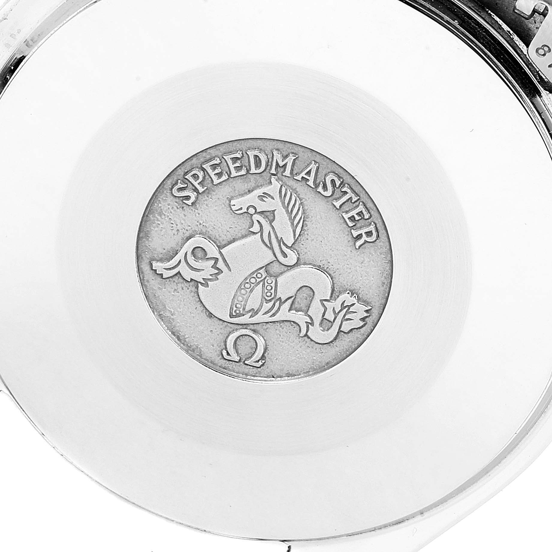 The image shows the case back of an Omega Speedmaster 3310.10.00 Men's Steel and Gold (two tone) Champagne Dial 3310.10.00 Men's Steel and Gold (two tone) Champagne Dial watch, featuring the brand and model along with the emblem.