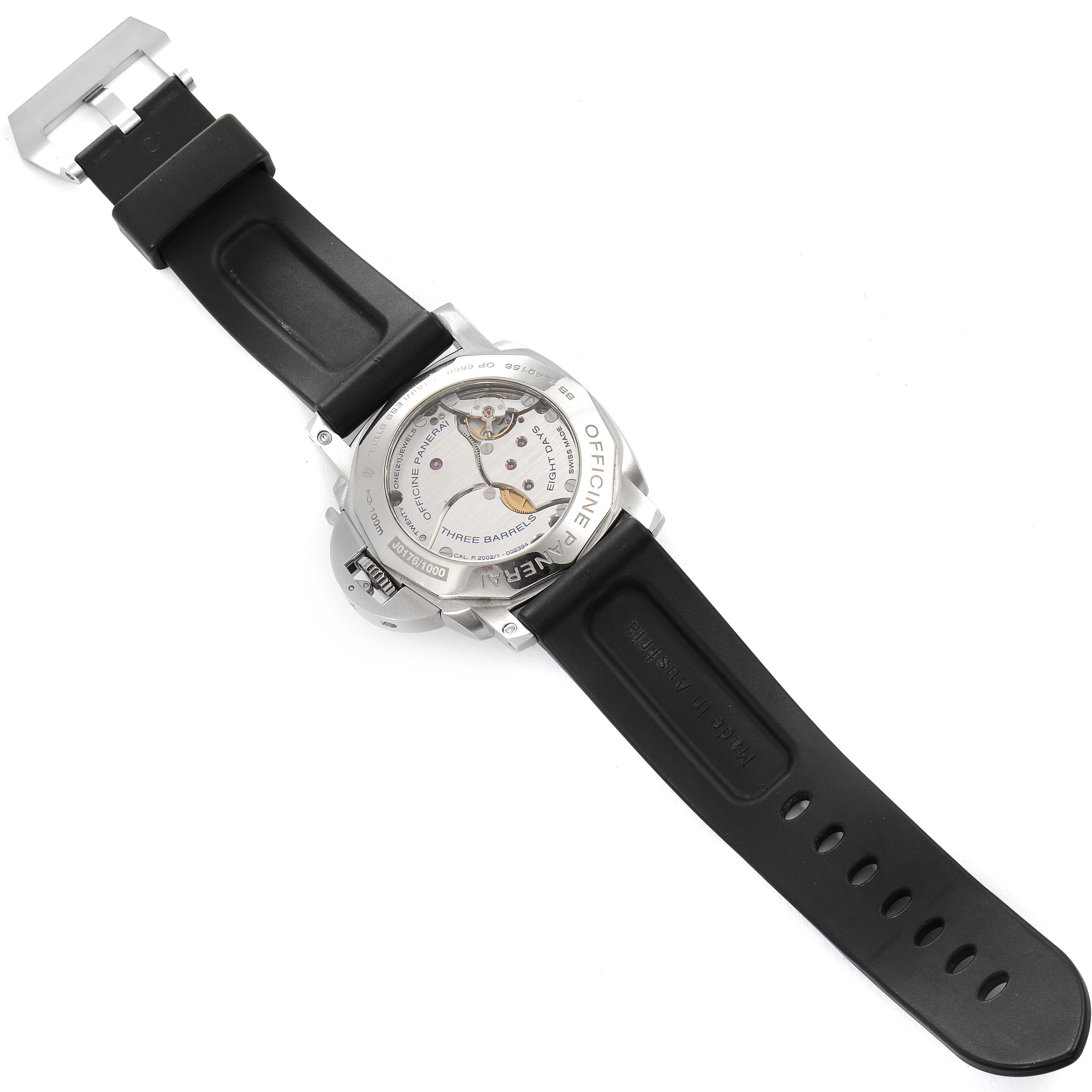 The image shows the back view of a Panerai Luminor PAM00233 Men
s Stainless Steel Black Dial PAM00233 Men
s Stainless Steel Black Dial watch, highlighting its transparent case back and black rubber strap.