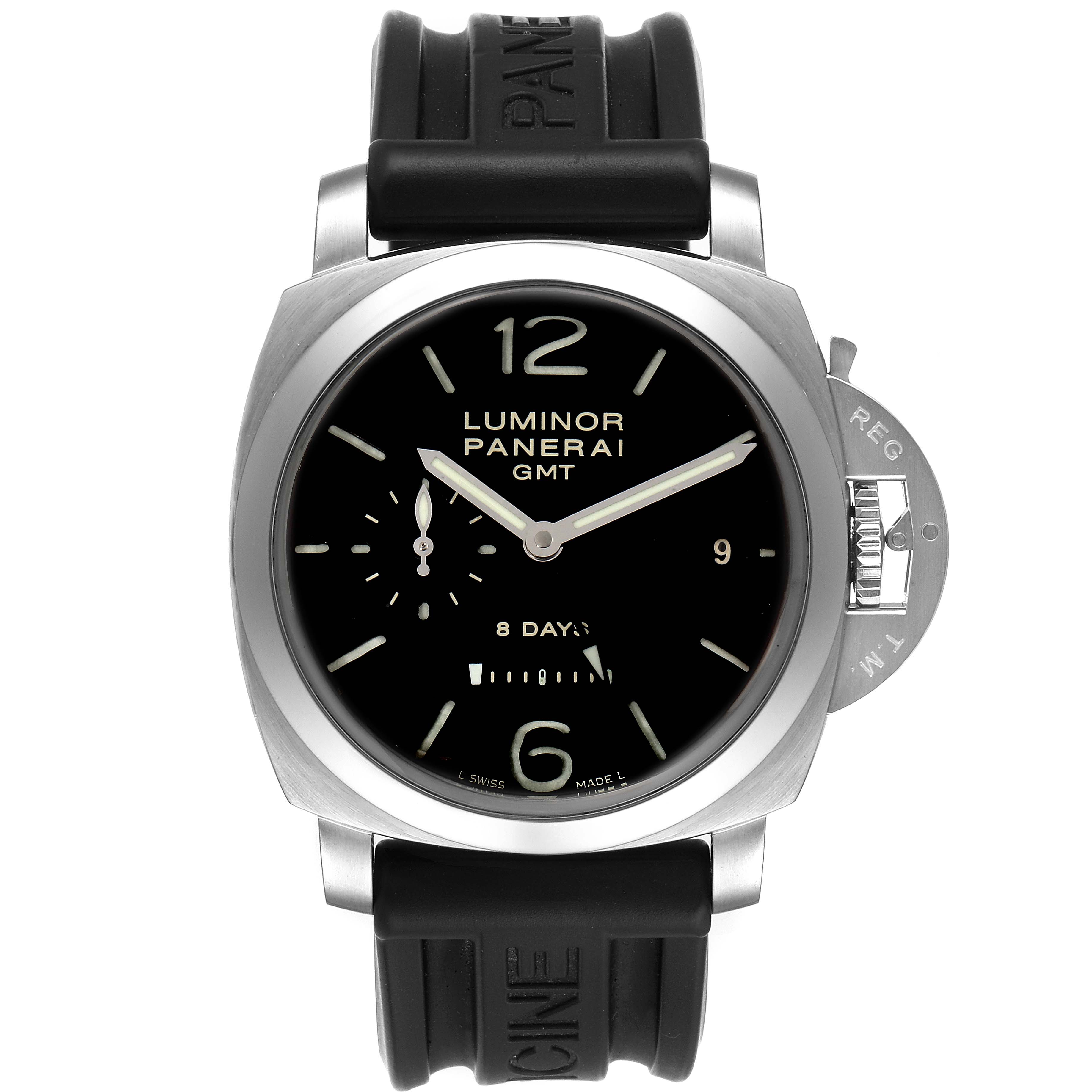 This image shows a front view of a Panerai Luminor PAM00233 Men
s Stainless Steel Black Dial PAM00233 Men
s Stainless Steel Black Dial GMT watch, highlighting the dial, bezel, and rubber strap.