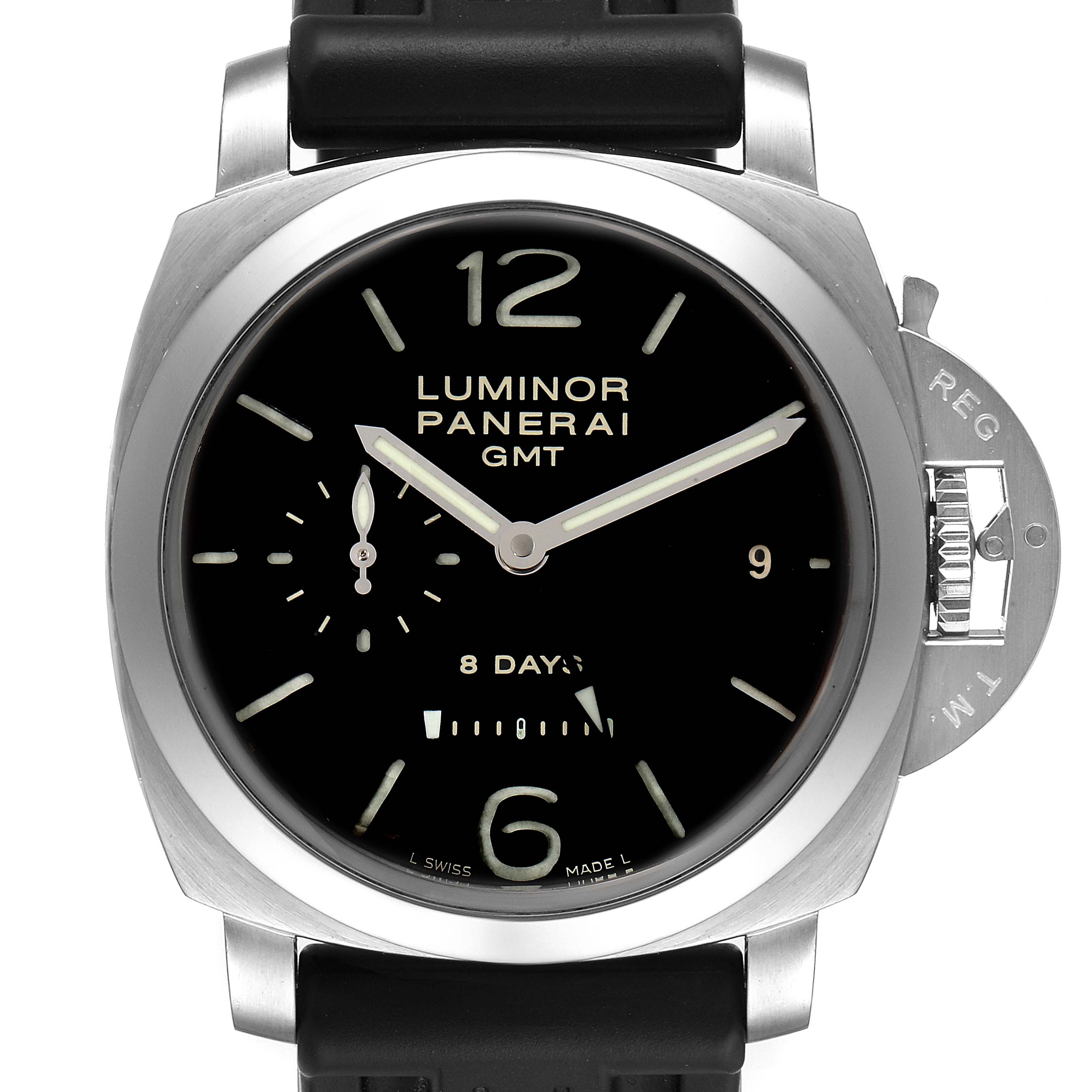 This is a front view of a Panerai Luminor PAM00233 Men
s Stainless Steel Black Dial PAM00233 Men
s Stainless Steel Black Dial GMT watch, showing the face, hands, dial, and part of the strap.