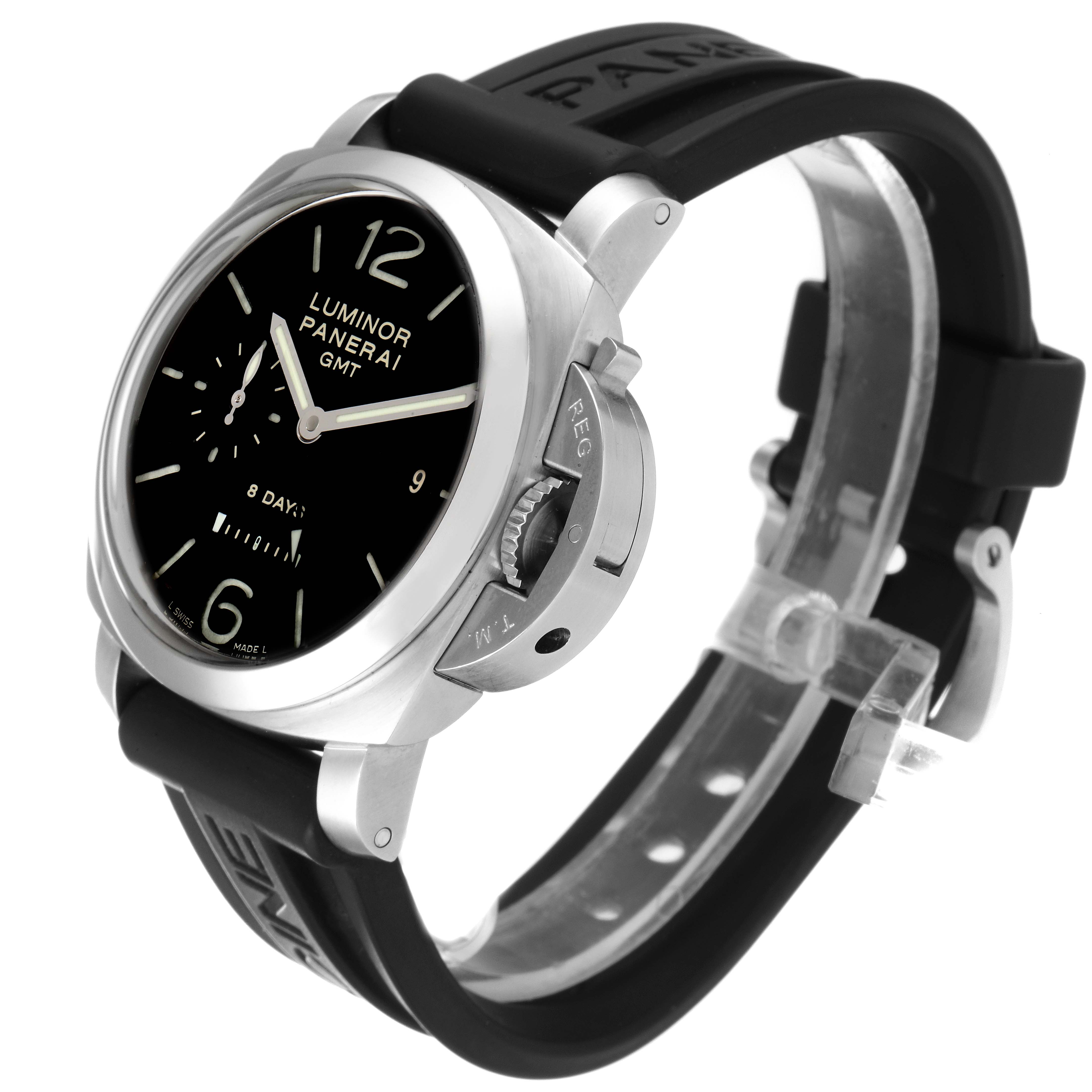 The image shows a side angle of the Panerai Luminor PAM00233 Men
s Stainless Steel Black Dial PAM00233 Men
s Stainless Steel Black Dial model watch displaying the dial, crown, and rubber strap.