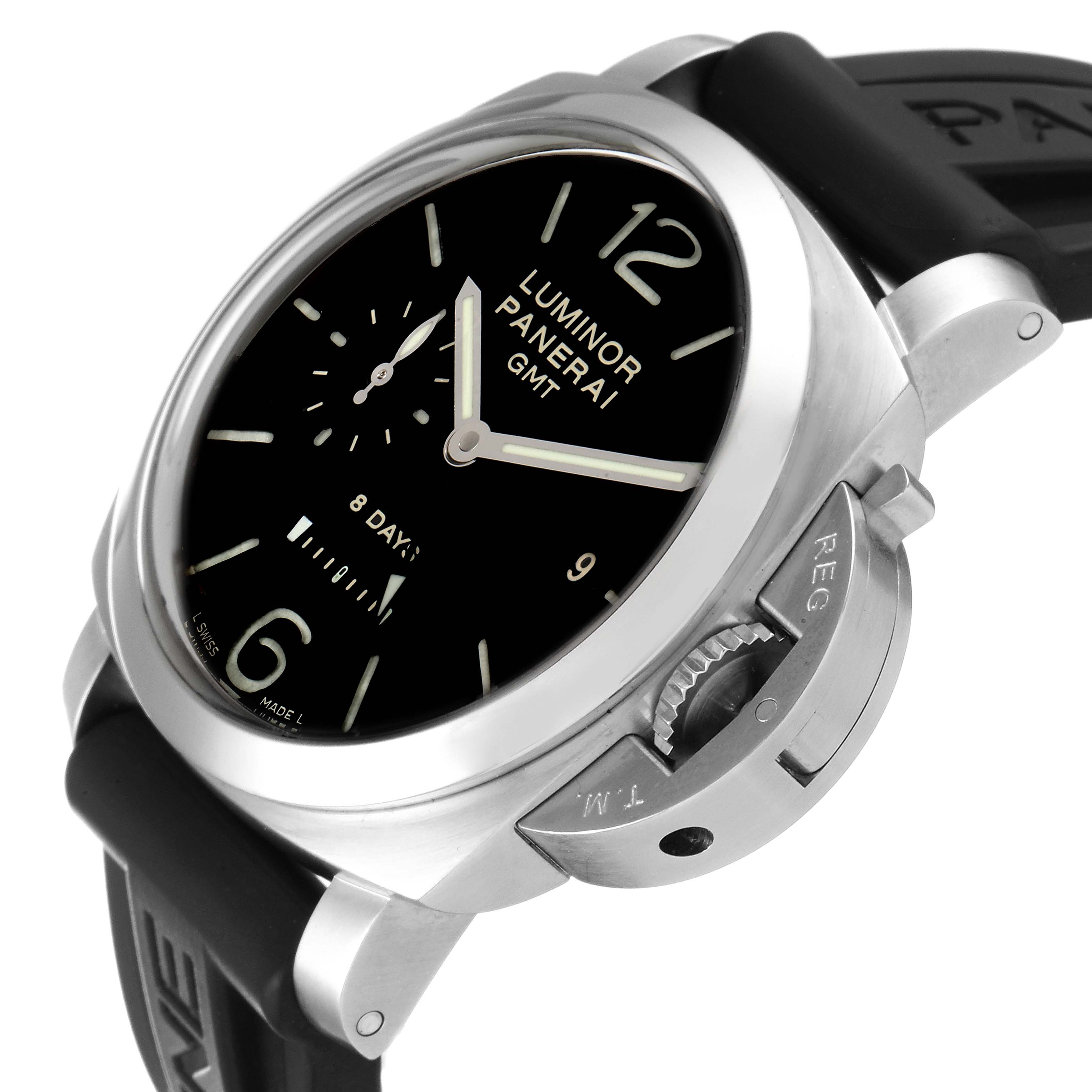 The image shows a side and front angle of a Panerai Luminor PAM00233 Men
s Stainless Steel Black Dial PAM00233 Men
s Stainless Steel Black Dial GMT watch, highlighting the crown guard and dial.