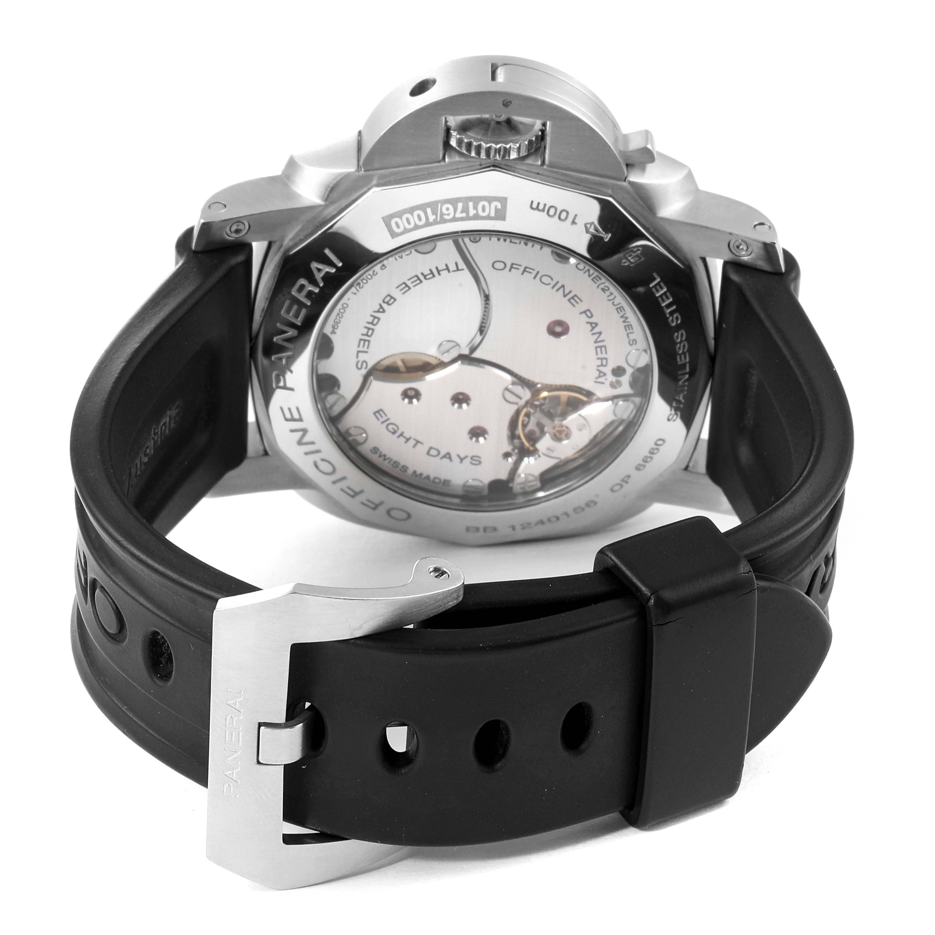 This image shows the back view of the Panerai Luminor PAM00233 Men
s Stainless Steel Black Dial PAM00233 Men
s Stainless Steel Black Dial watch, highlighting the strap, buckle, and the open case back.