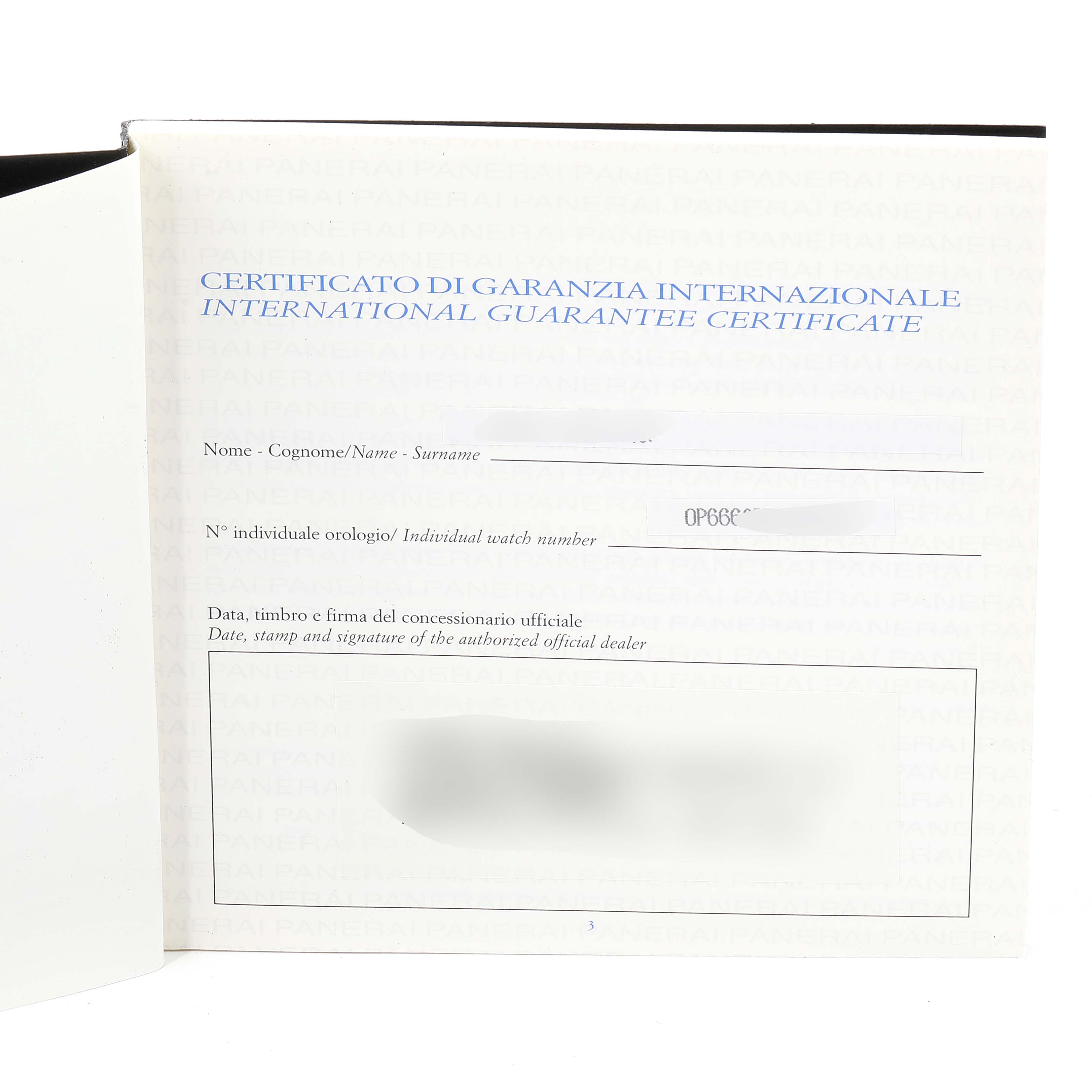 The image shows the inside of the international guarantee certificate for the Luminor model by Panerai.