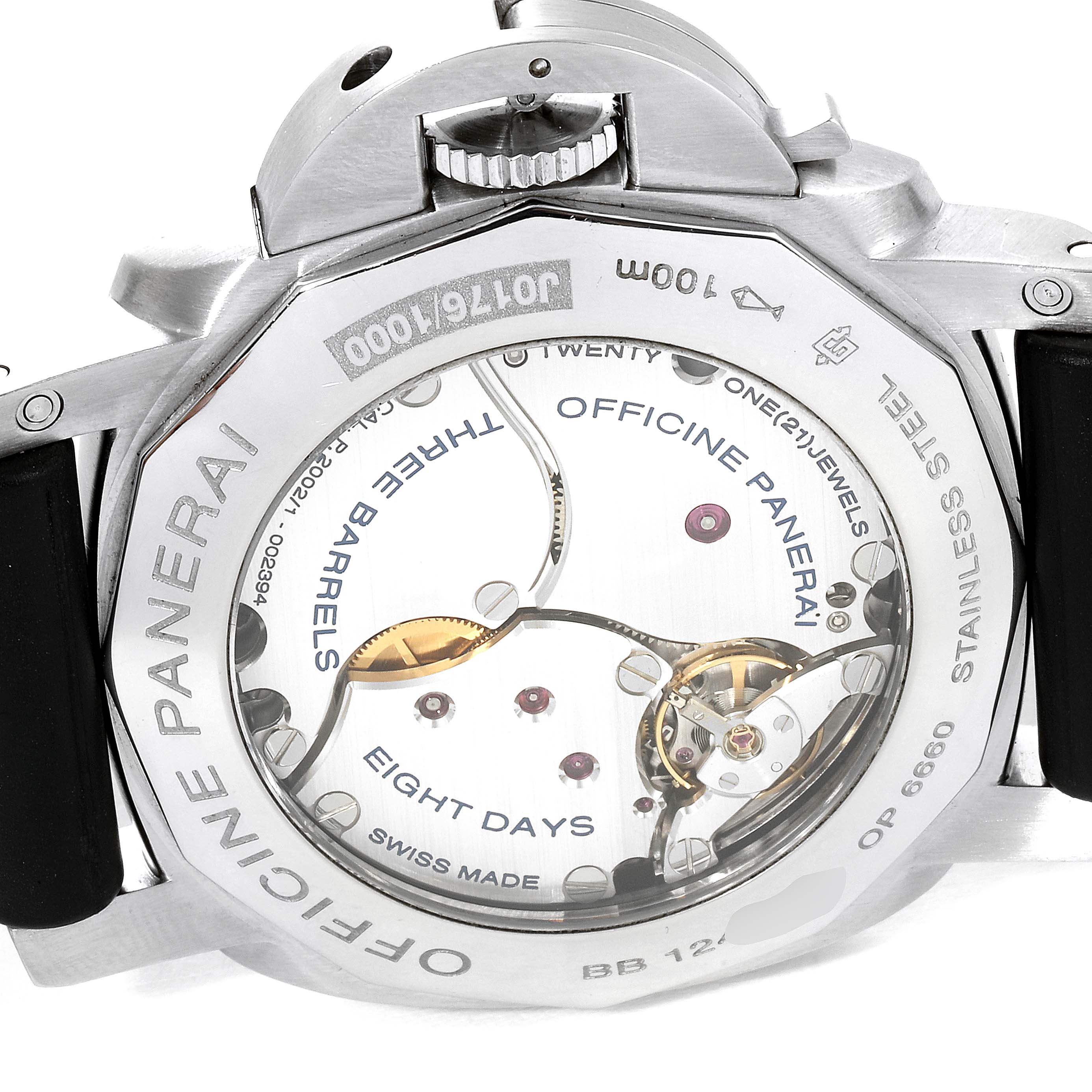 The image shows the rear view of a Panerai Luminor PAM00233 Men
s Stainless Steel Black Dial PAM00233 Men
s Stainless Steel Black Dial watch, highlighting the inner mechanical components and the stainless steel back casing.