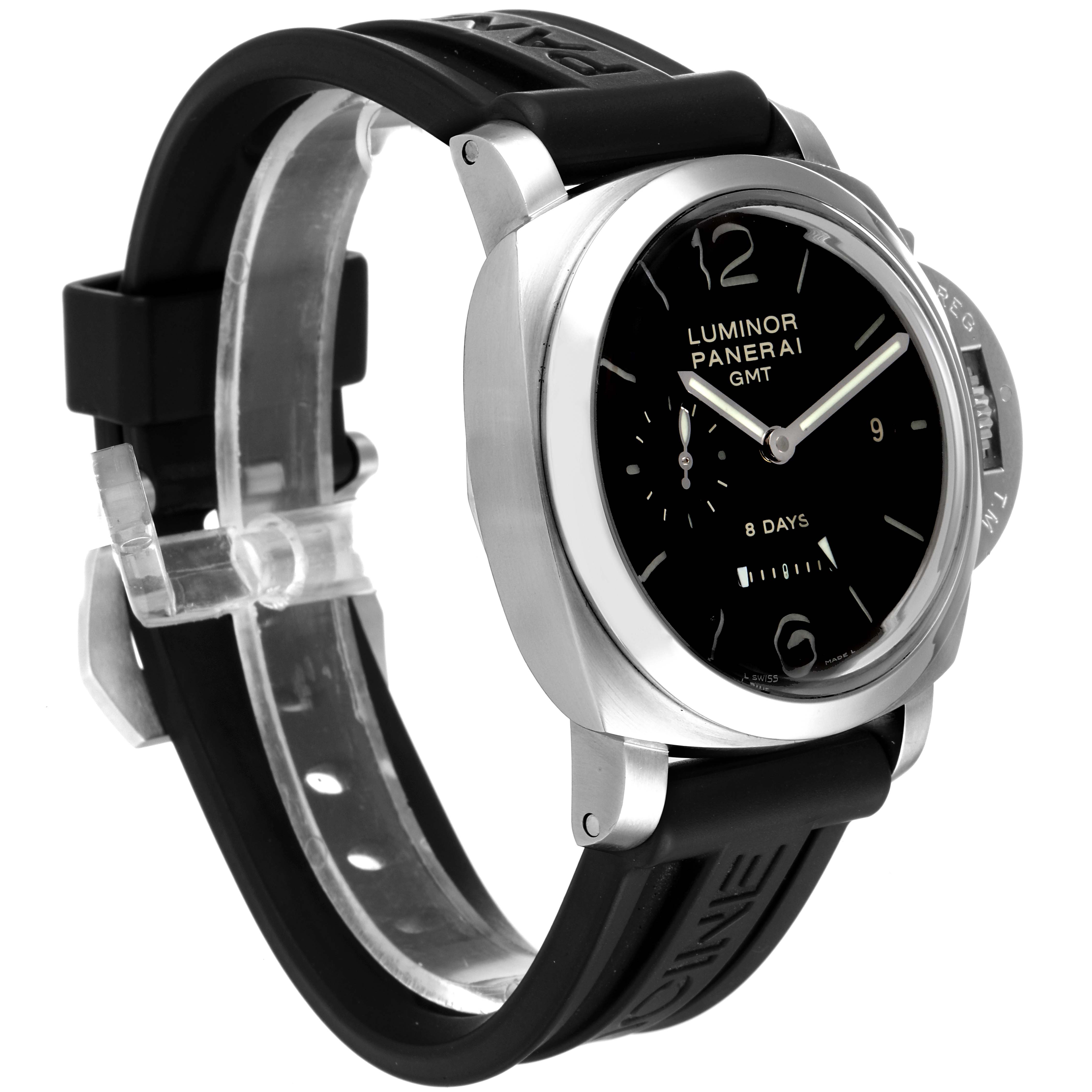 The image shows a side-angle view of the Panerai Luminor PAM00233 Men
s Stainless Steel Black Dial PAM00233 Men
s Stainless Steel Black Dial watch, highlighting its black dial, rubber strap, and crown protector.