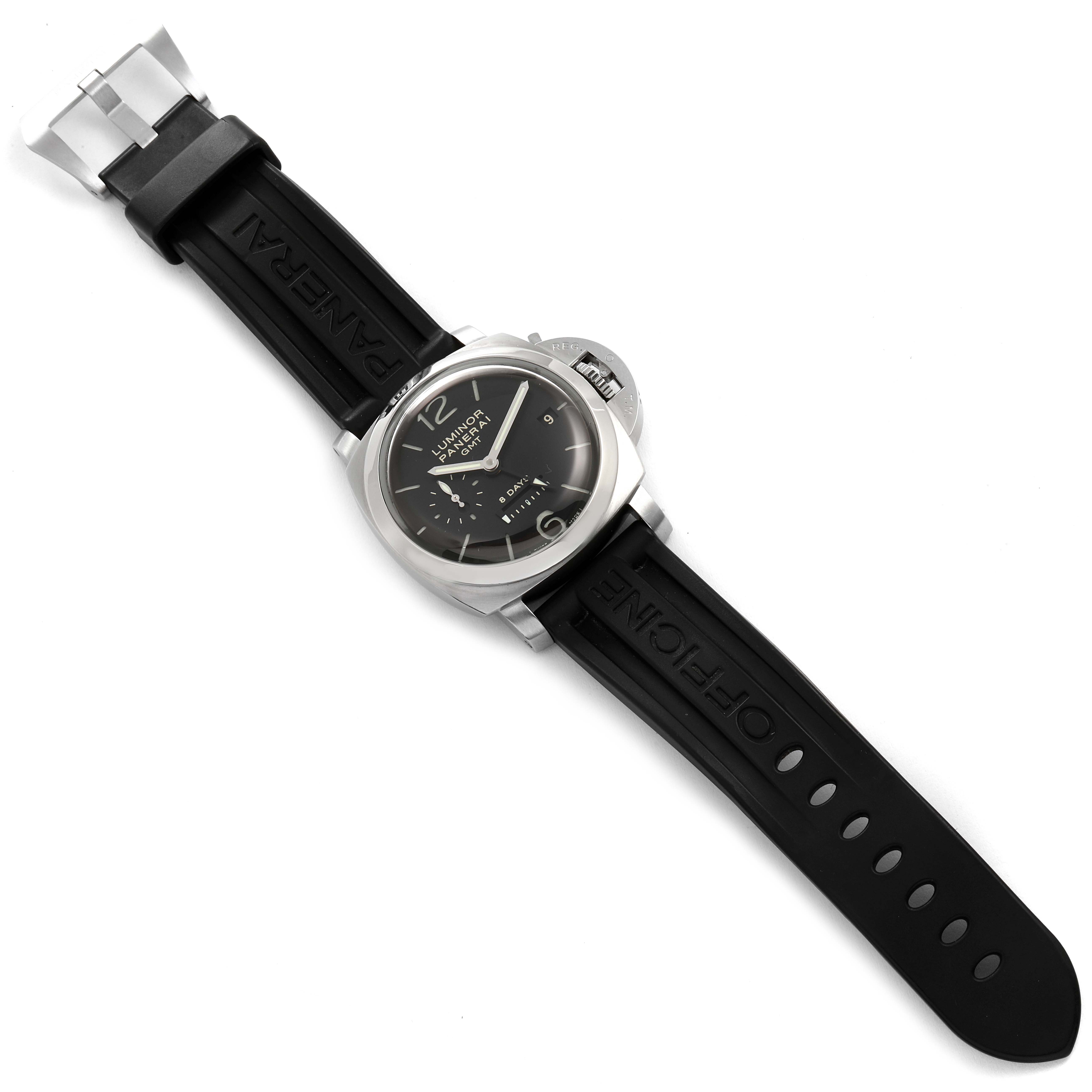 The image shows the Panerai Luminor PAM00233 Men
s Stainless Steel Black Dial PAM00233 Men
s Stainless Steel Black Dial watch from a top-down angle, highlighting the face, case, and black rubber strap.