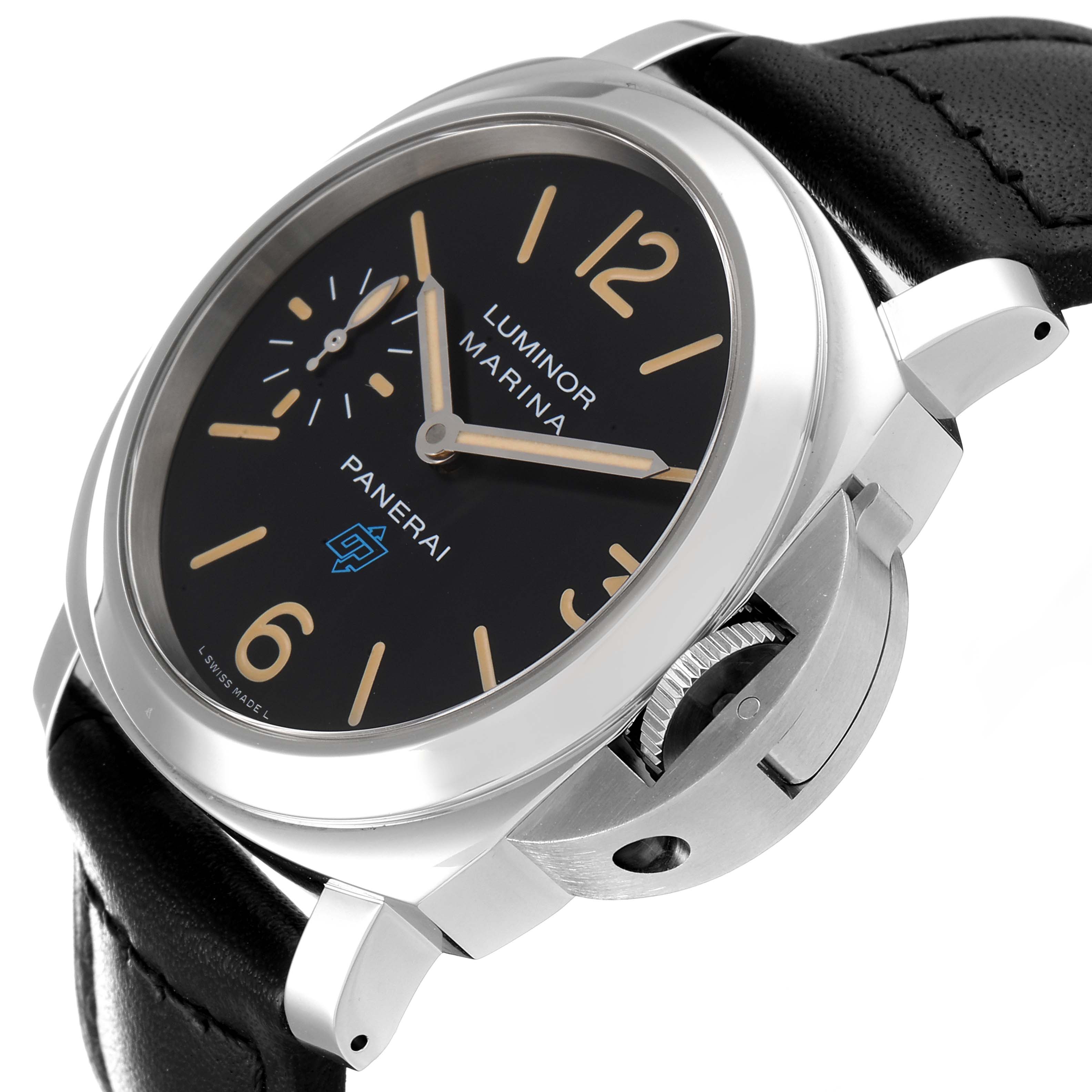 The image shows an angled view of the Panerai Luminor PAM00631 Men
s Stainless Steel Black Dial PAM00631 Men
s Stainless Steel Black Dial Marina watch, highlighting the dial, case, and crown guard.