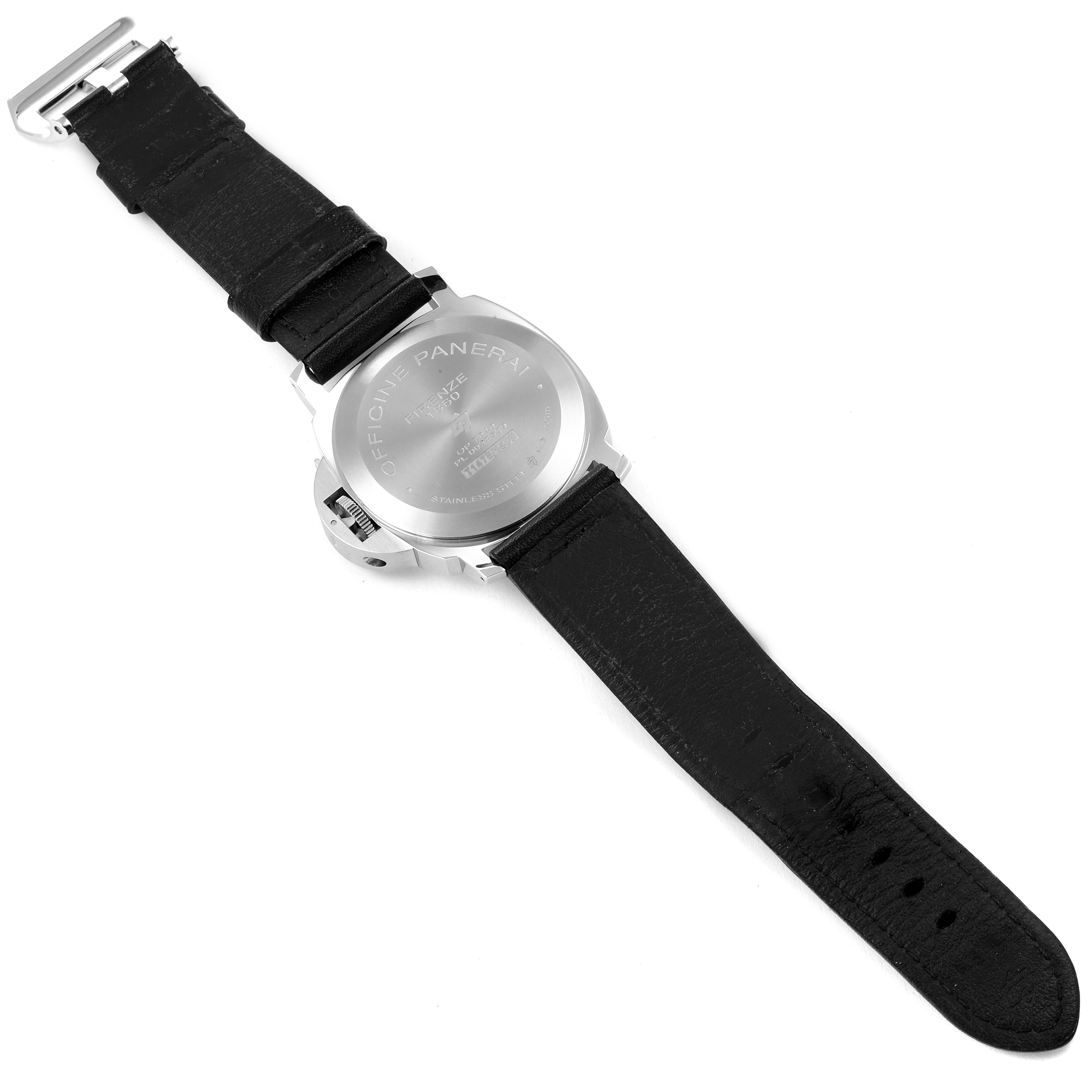 The image shows the back and strap of a Panerai Luminor PAM00631 Men
s Stainless Steel Black Dial PAM00631 Men
s Stainless Steel Black Dial watch, displayed at a slight angle.