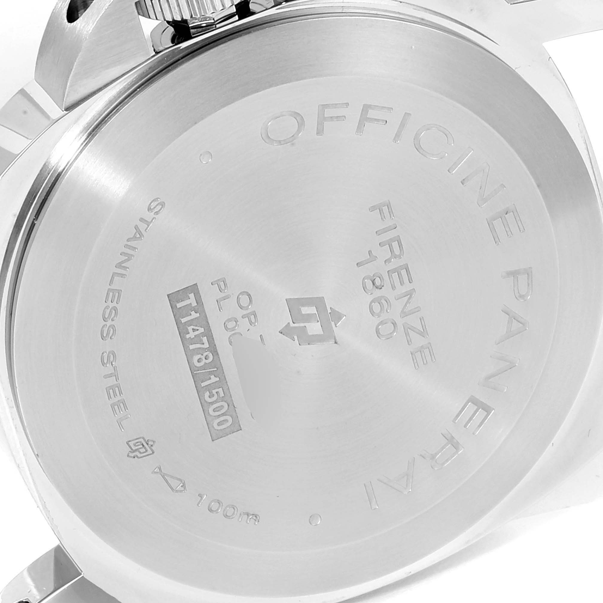 The image shows the back case of a Panerai Luminor PAM00631 Men
s Stainless Steel Black Dial PAM00631 Men
s Stainless Steel Black Dial watch, highlighting the branding and specifications.