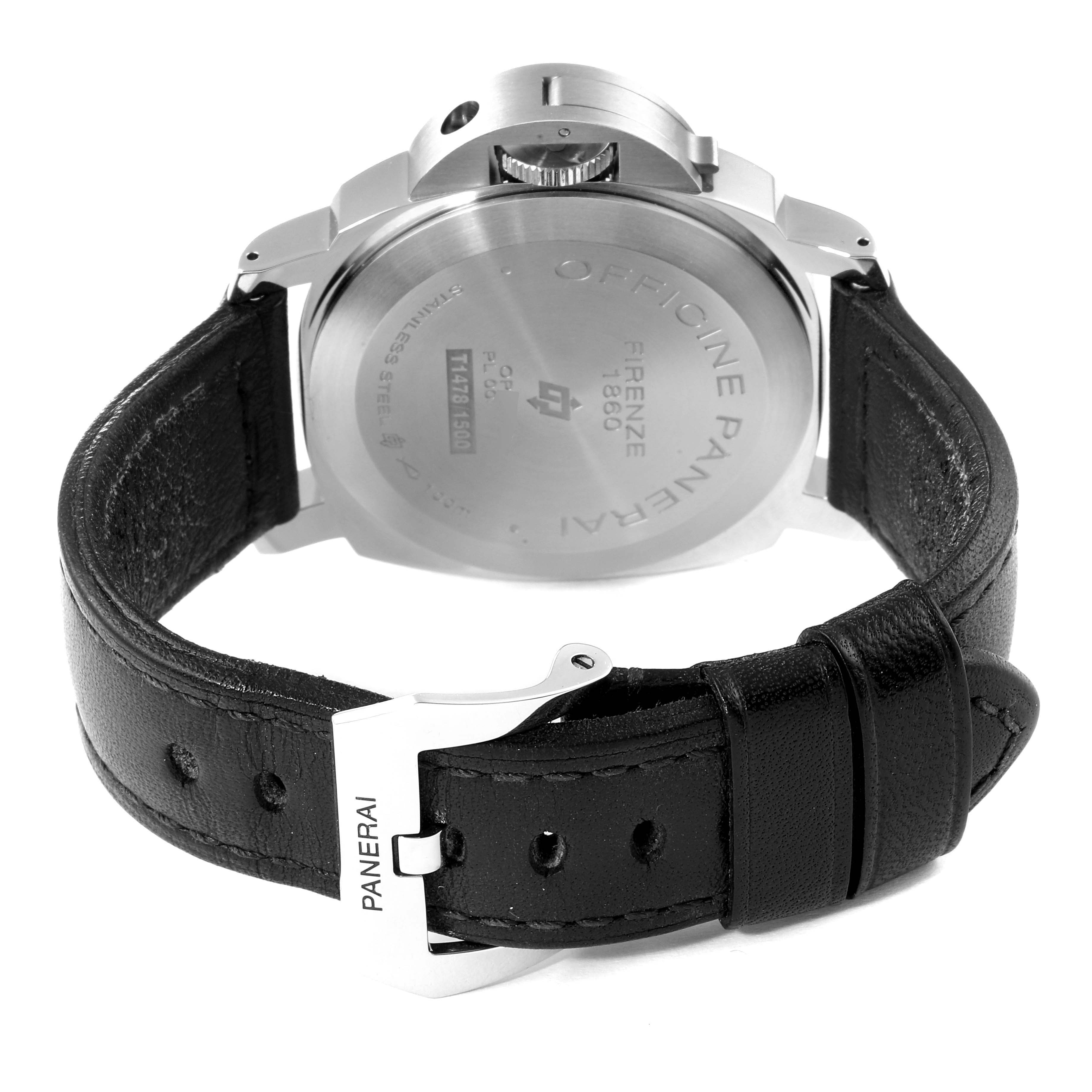 The image shows the back case and leather strap of a Panerai Luminor PAM00631 Men
s Stainless Steel Black Dial PAM00631 Men
s Stainless Steel Black Dial watch from a rear angle.