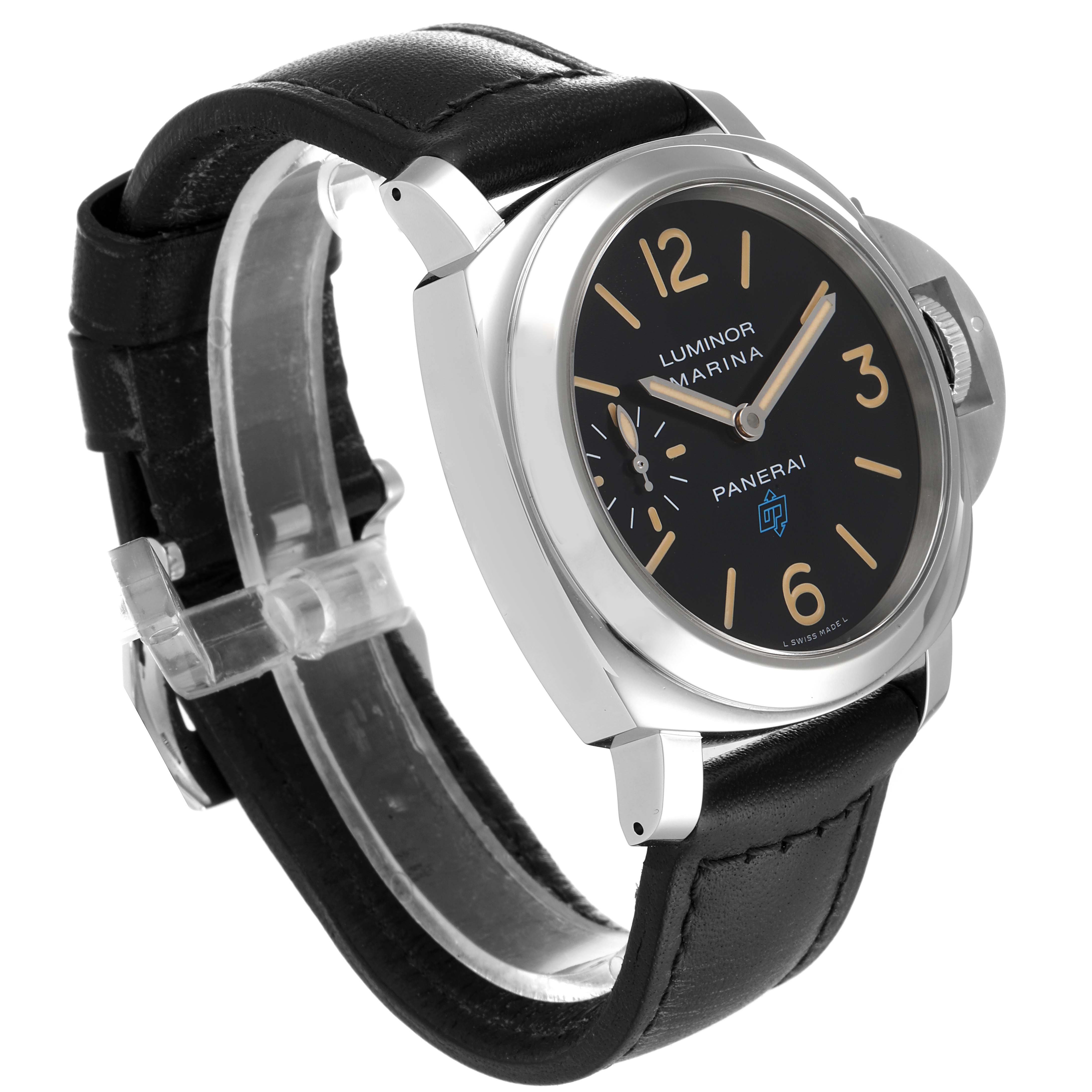The Panerai Luminor PAM00631 Men
s Stainless Steel Black Dial PAM00631 Men
s Stainless Steel Black Dial watch is shown from a front angle, highlighting its black leather strap and black dial.