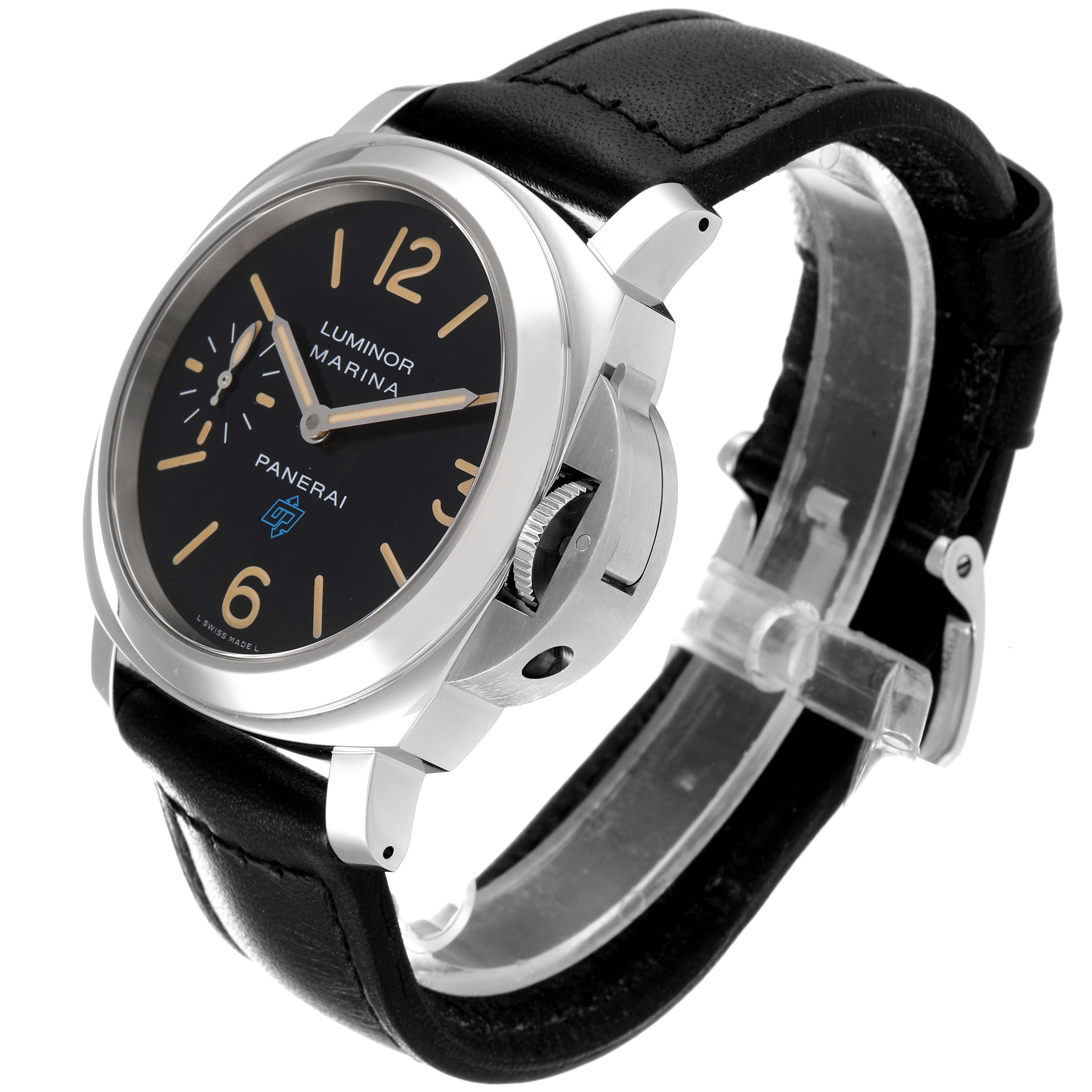 The image shows a Panerai Luminor PAM00631 Men
s Stainless Steel Black Dial PAM00631 Men
s Stainless Steel Black Dial watch from a side angle, highlighting the face, crown, and black leather strap.