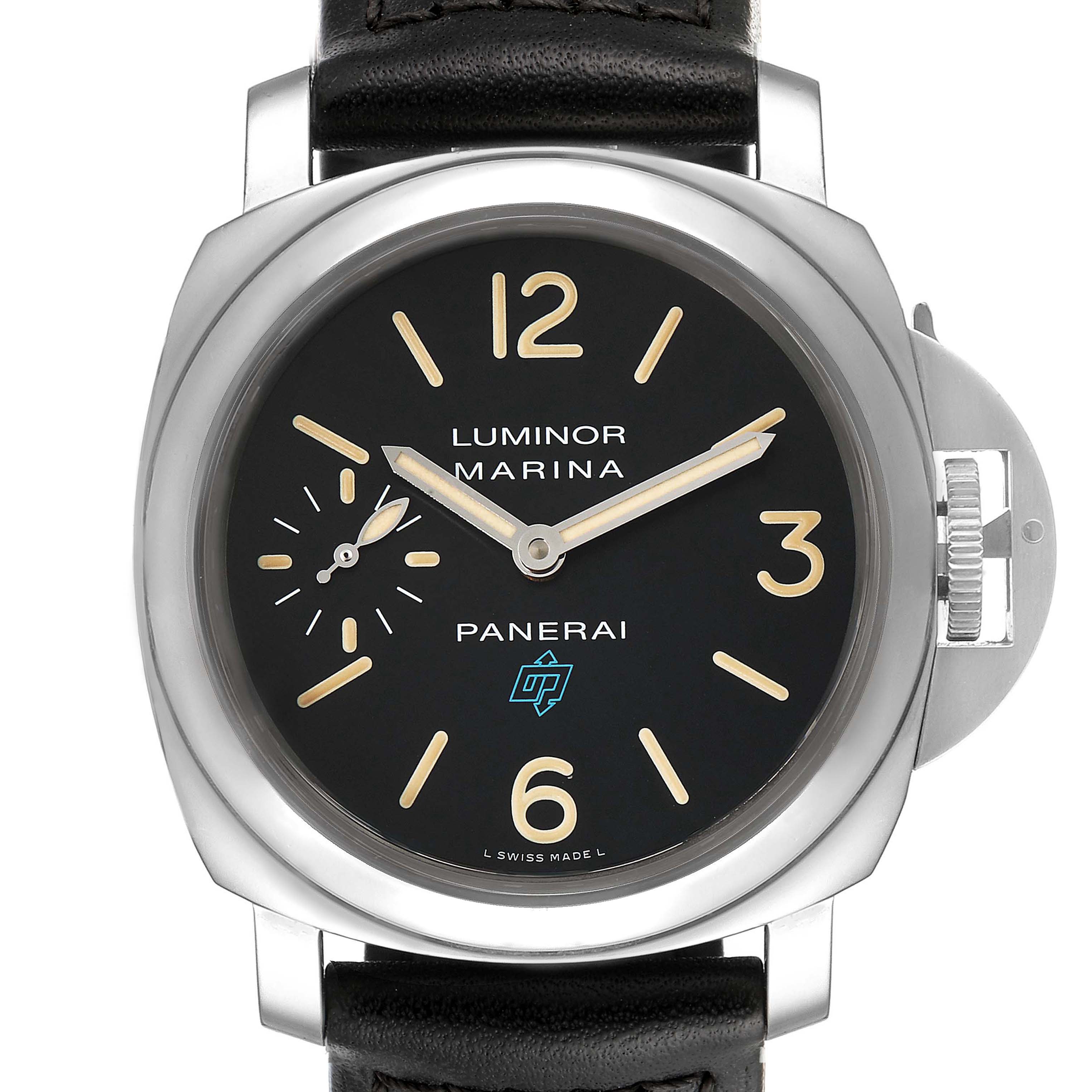 Front view of a Panerai Luminor PAM00631 Men
s Stainless Steel Black Dial PAM00631 Men
s Stainless Steel Black Dial Marina watch showing the face, case, crown guard, and part of the leather strap.