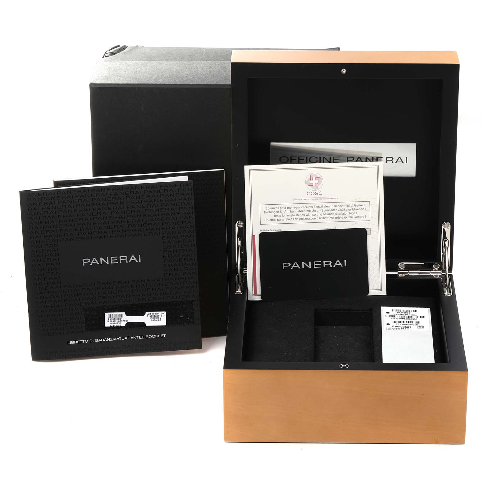 The image shows the packaging and accessories for a Panerai Luminor PAM00631 Men
s Stainless Steel Black Dial PAM00631 Men
s Stainless Steel Black Dial watch, including booklets, a warranty card, and the watch box.