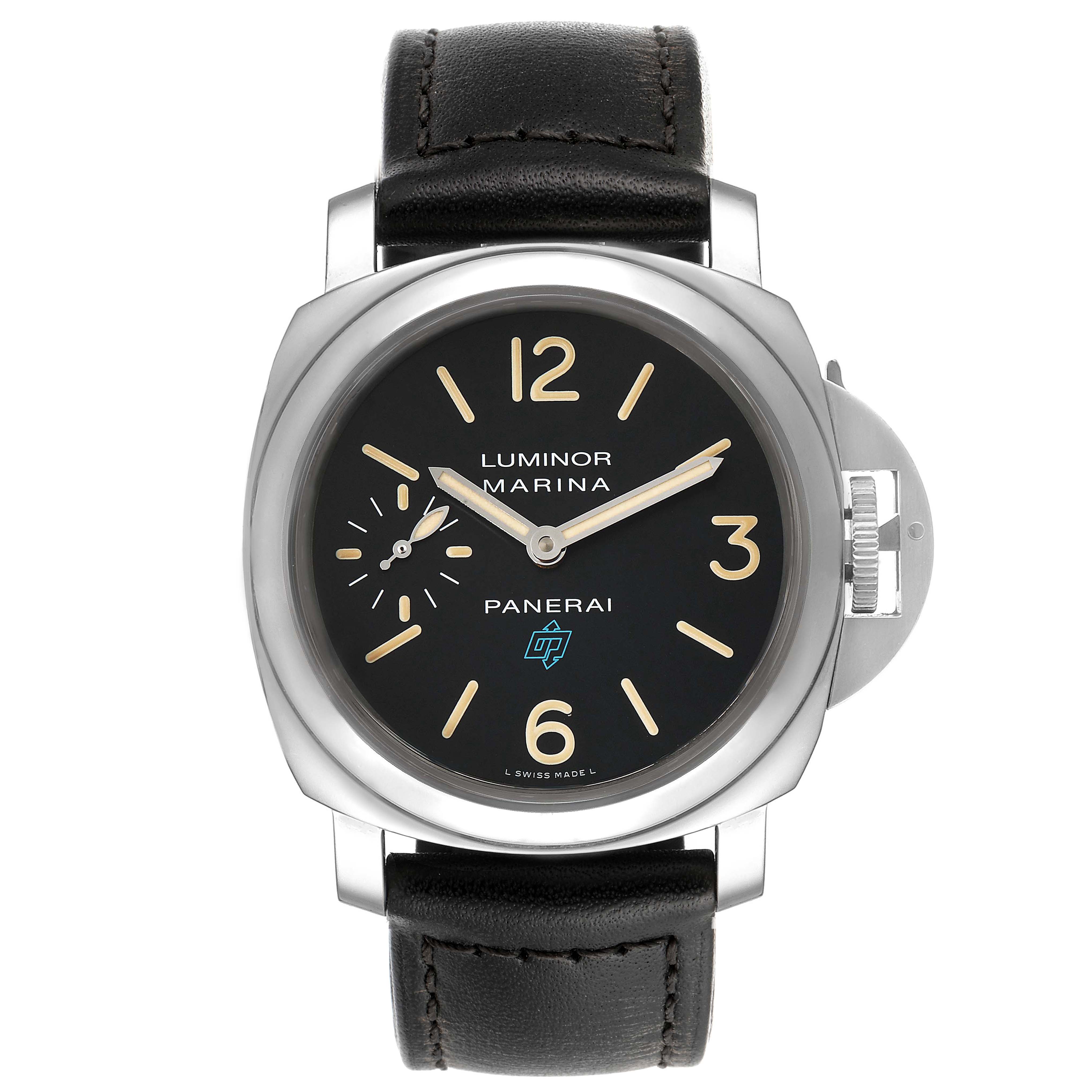 This Luminor model by Panerai is shown from the front, displaying its dial, hands, crown guard, and leather strap.
