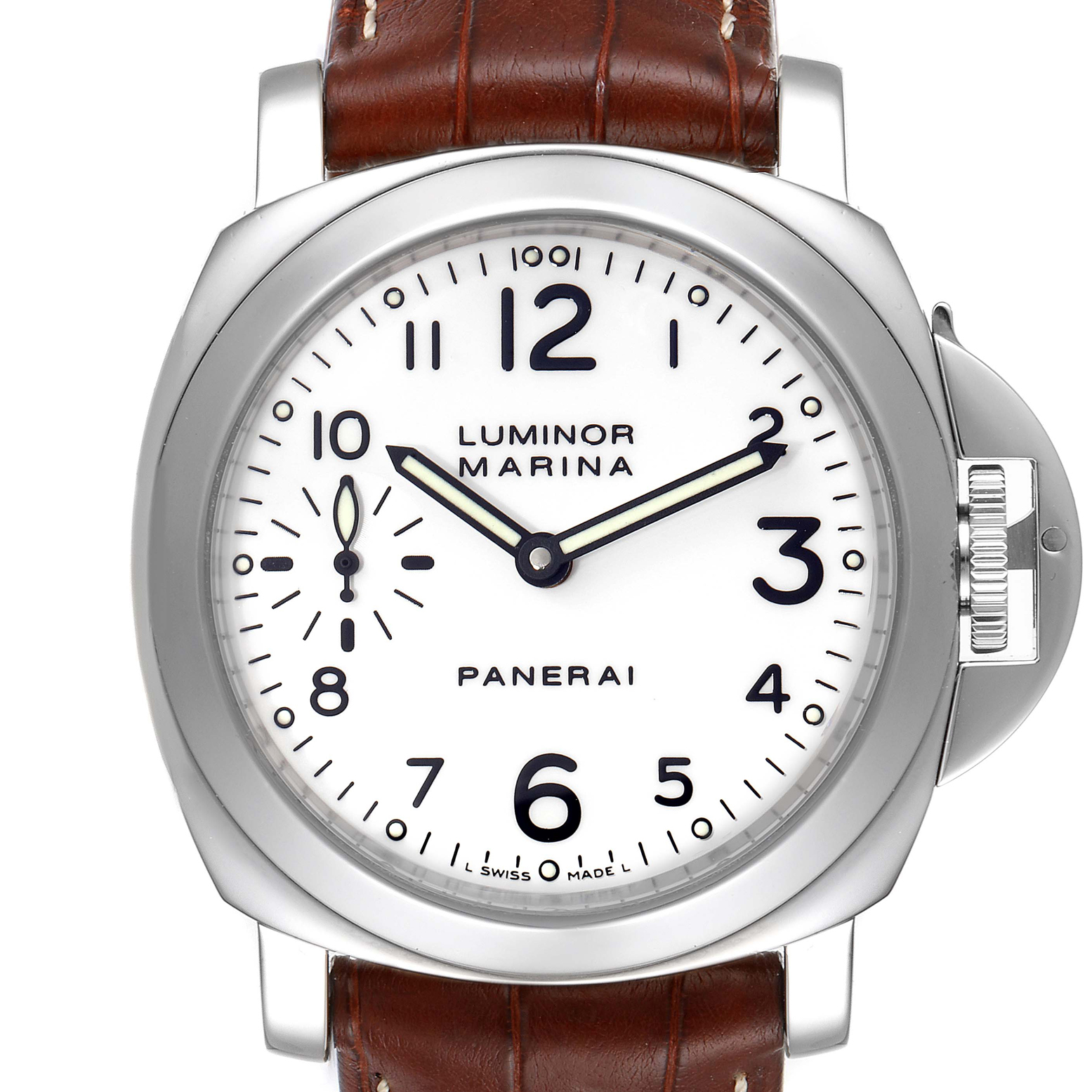 The image shows a frontal view of a Panerai Luminor PAM00113 Men
s Stainless Steel White Dial PAM00113 Men
s Stainless Steel White Dial Marina watch with a white dial and brown leather strap.