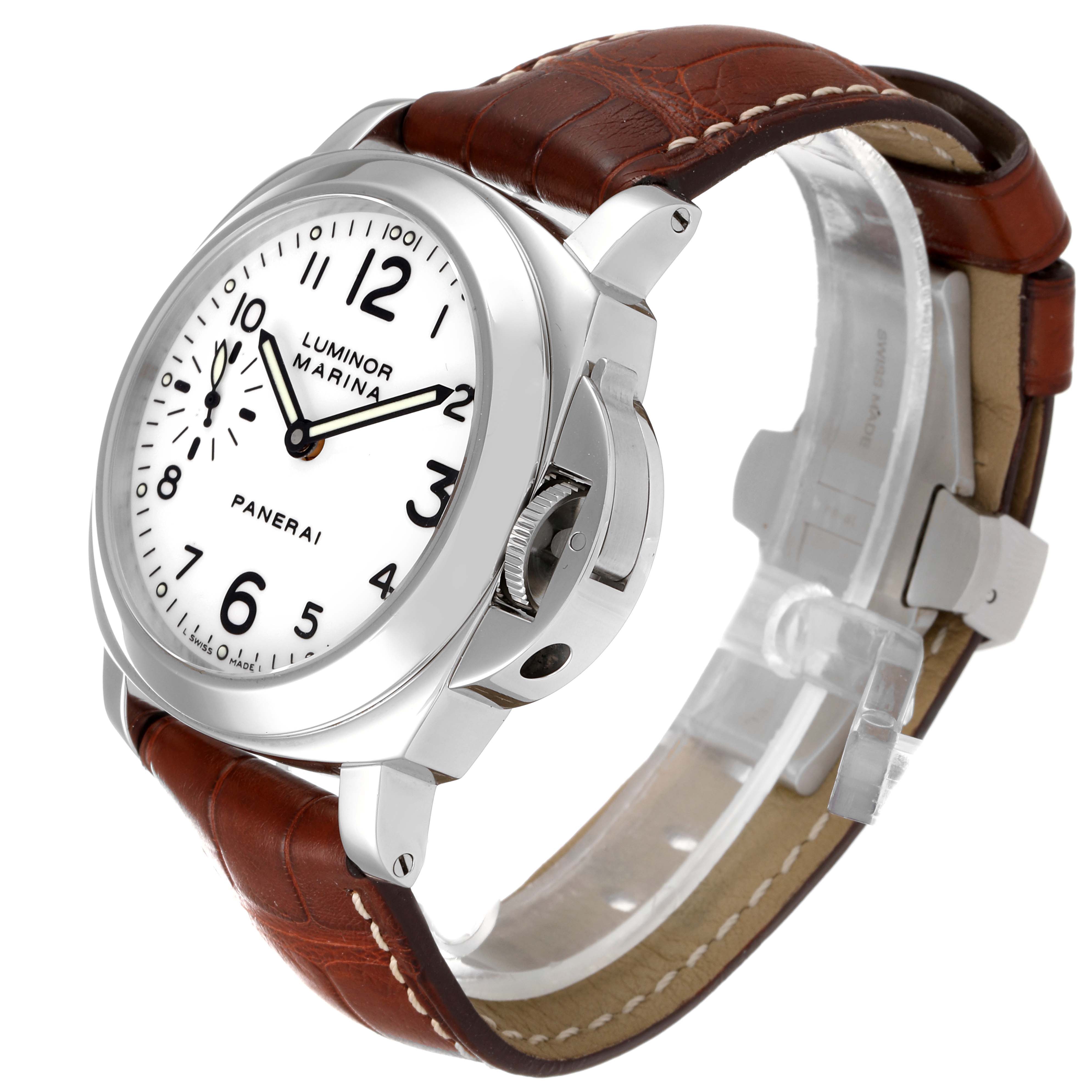 The image shows a Panerai Luminor PAM00113 Men
s Stainless Steel White Dial PAM00113 Men
s Stainless Steel White Dial watch at a 3/4 angle, highlighting the face, crown, and brown leather strap.