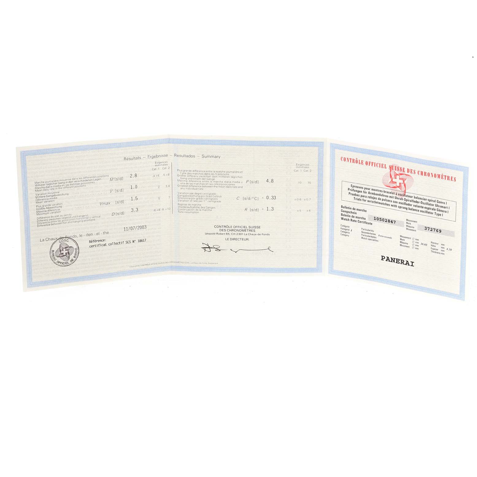 The image shows the official chronometer certification for a Panerai Luminor PAM00113 Men
s Stainless Steel White Dial PAM00113 Men
s Stainless Steel White Dial watch, displayed fully open.