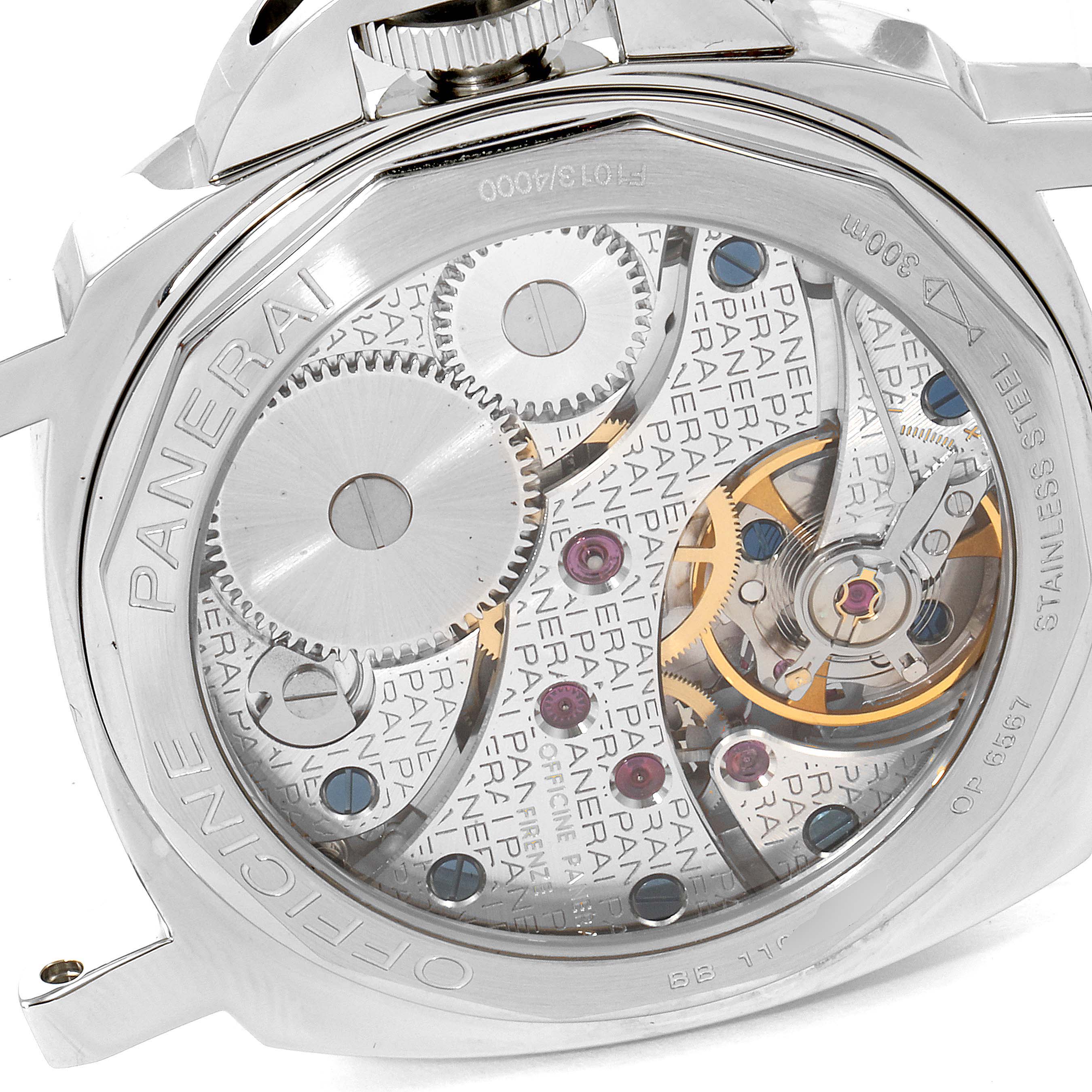 The image shows the back case and internal movement of a Panerai Luminor PAM00113 Men
s Stainless Steel White Dial PAM00113 Men
s Stainless Steel White Dial watch at a straight angle.