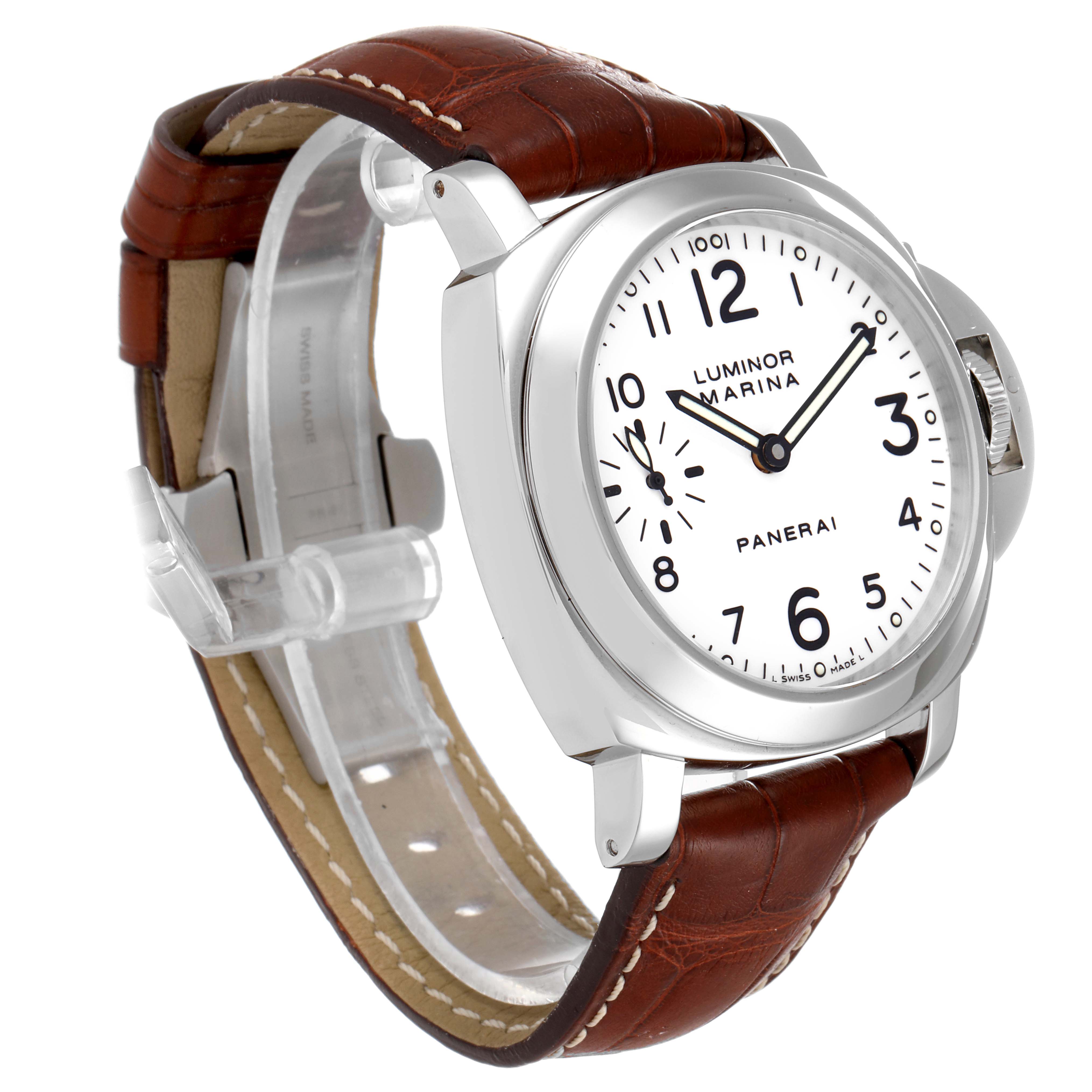 The Panerai Luminor PAM00113 Men
s Stainless Steel White Dial PAM00113 Men
s Stainless Steel White Dial watch is shown at a front angle, highlighting the dial, case, and leather strap.