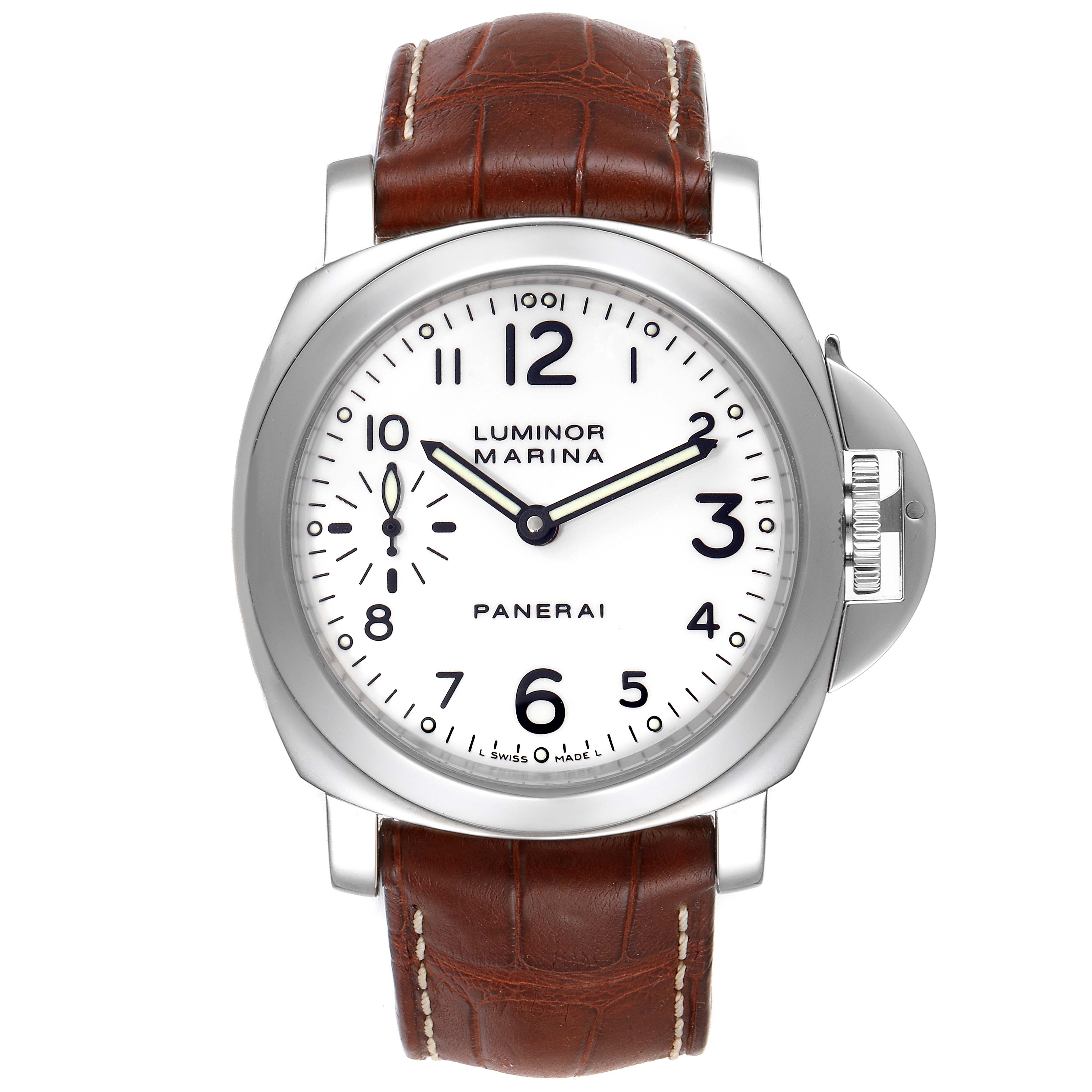 The image shows a front view of the Panerai Luminor PAM00113 Men
s Stainless Steel White Dial PAM00113 Men
s Stainless Steel White Dial model watch with a white dial and a brown leather strap.