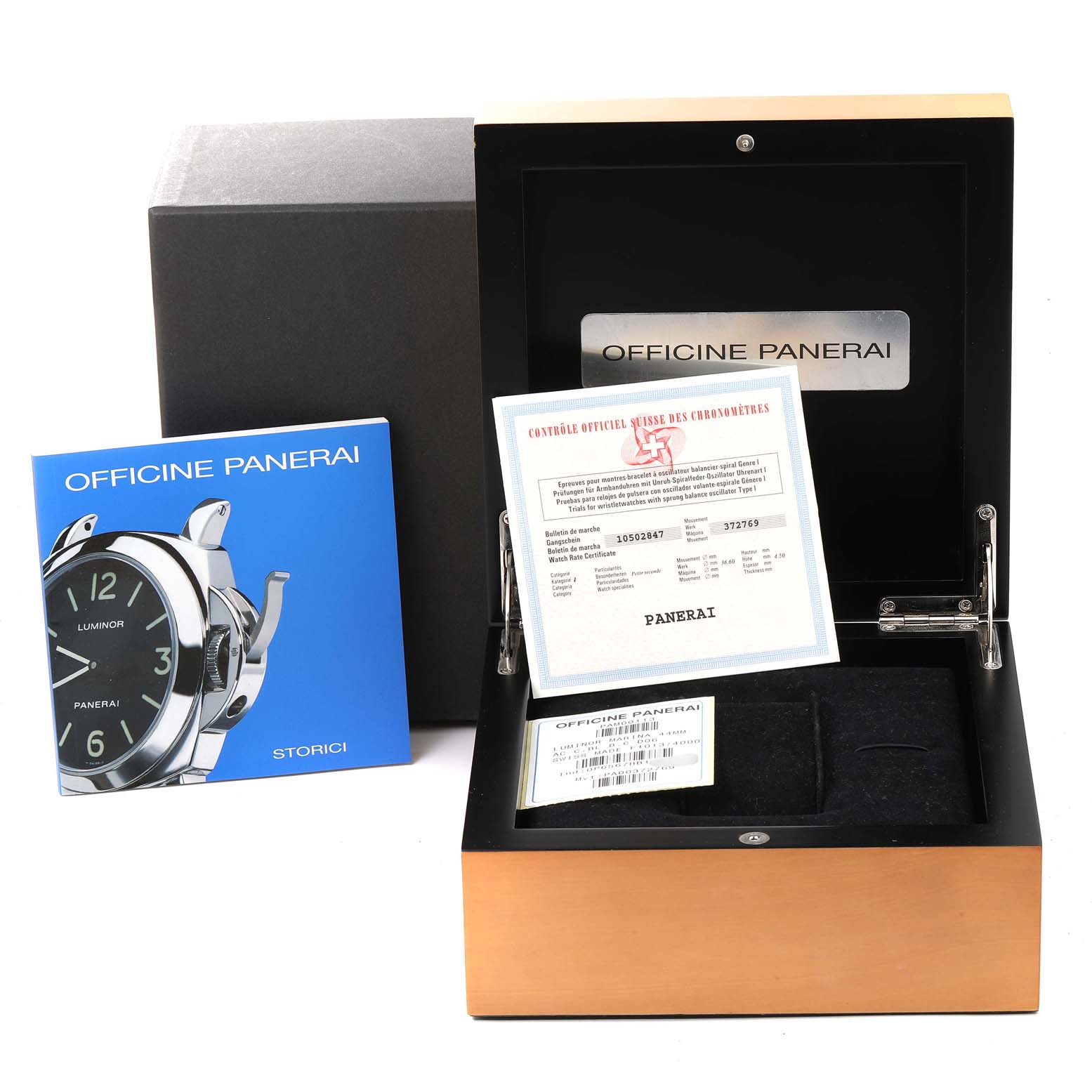 The image shows the box, certificates, and booklet for a Panerai Luminor PAM00113 Men
s Stainless Steel White Dial PAM00113 Men
s Stainless Steel White Dial model watch.
