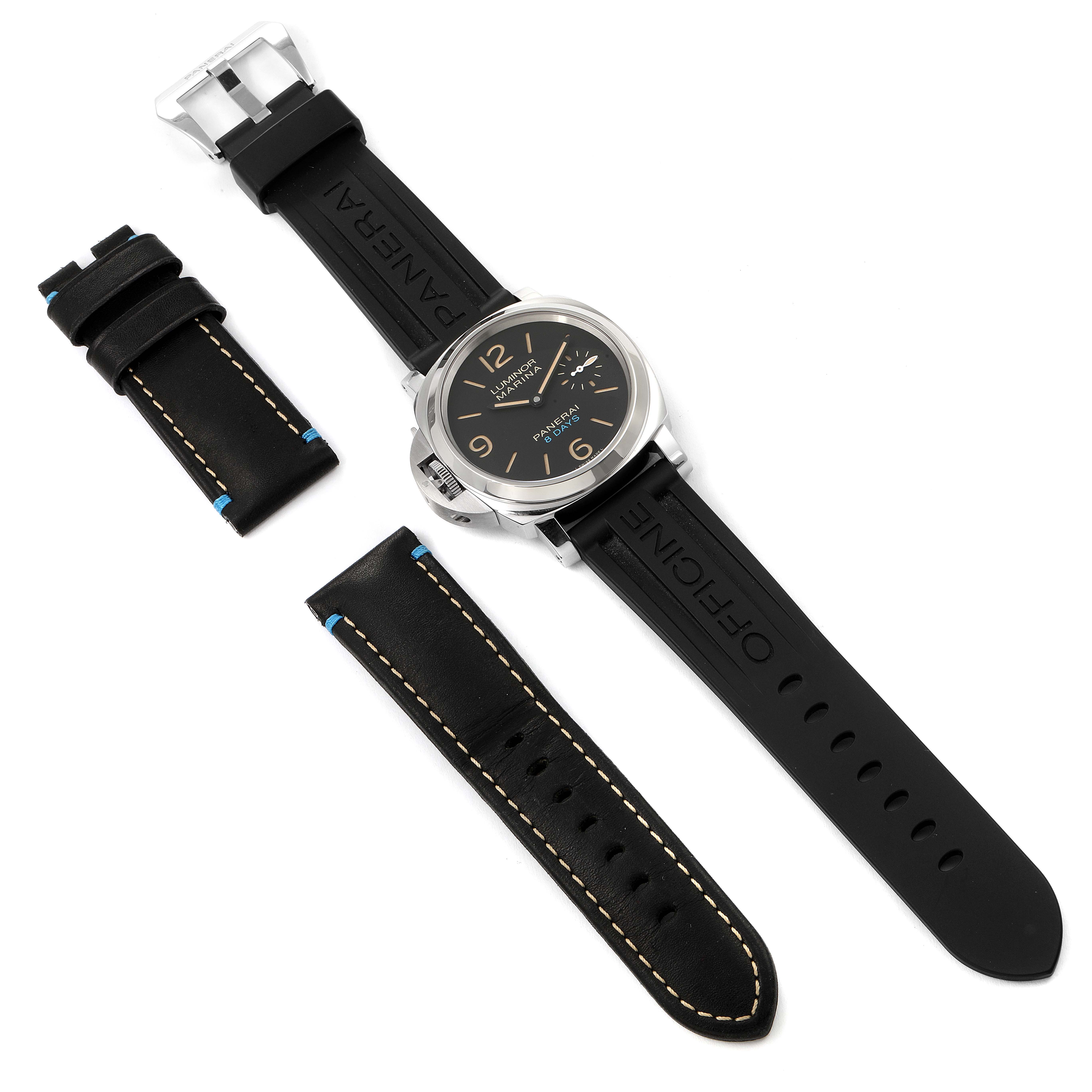 The image shows a Panerai Luminor PAM00796 Men
s Stainless Steel Black Dial PAM00796 Men
s Stainless Steel Black Dial watch with a black strap and additional leather strap accessories placed alongside it.