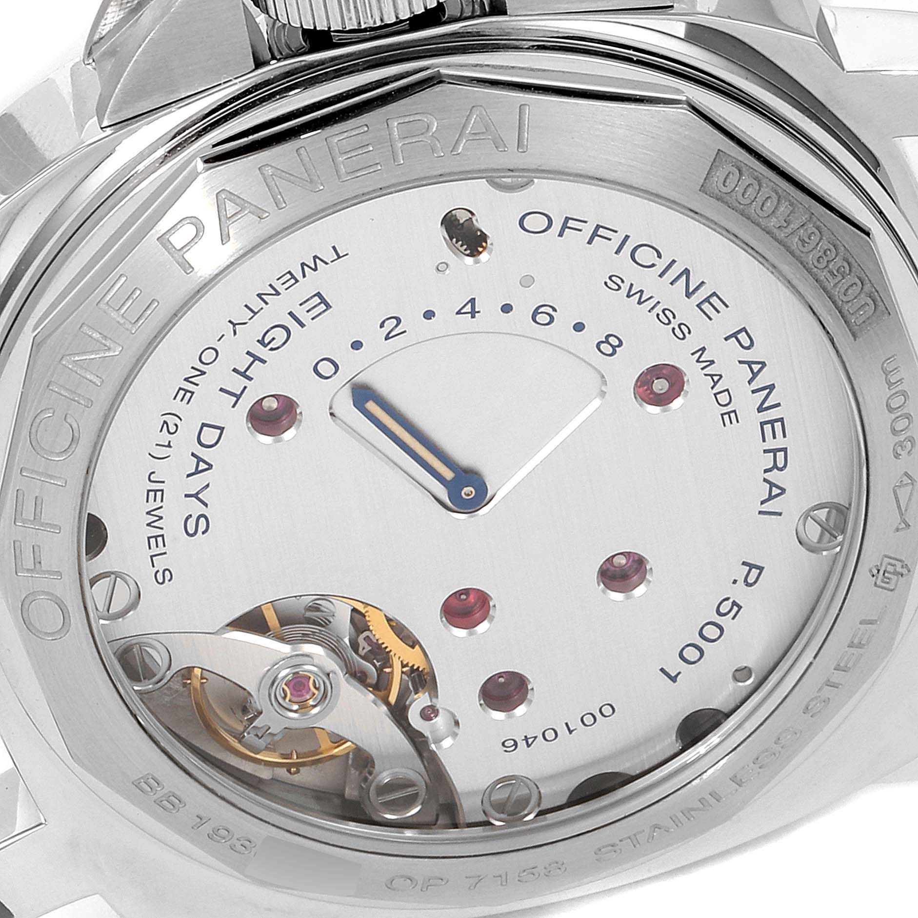 This is a close-up view of the back of a Panerai Luminor PAM00796 Men
s Stainless Steel Black Dial PAM00796 Men
s Stainless Steel Black Dial watch, showcasing the mechanical movement and internal details.