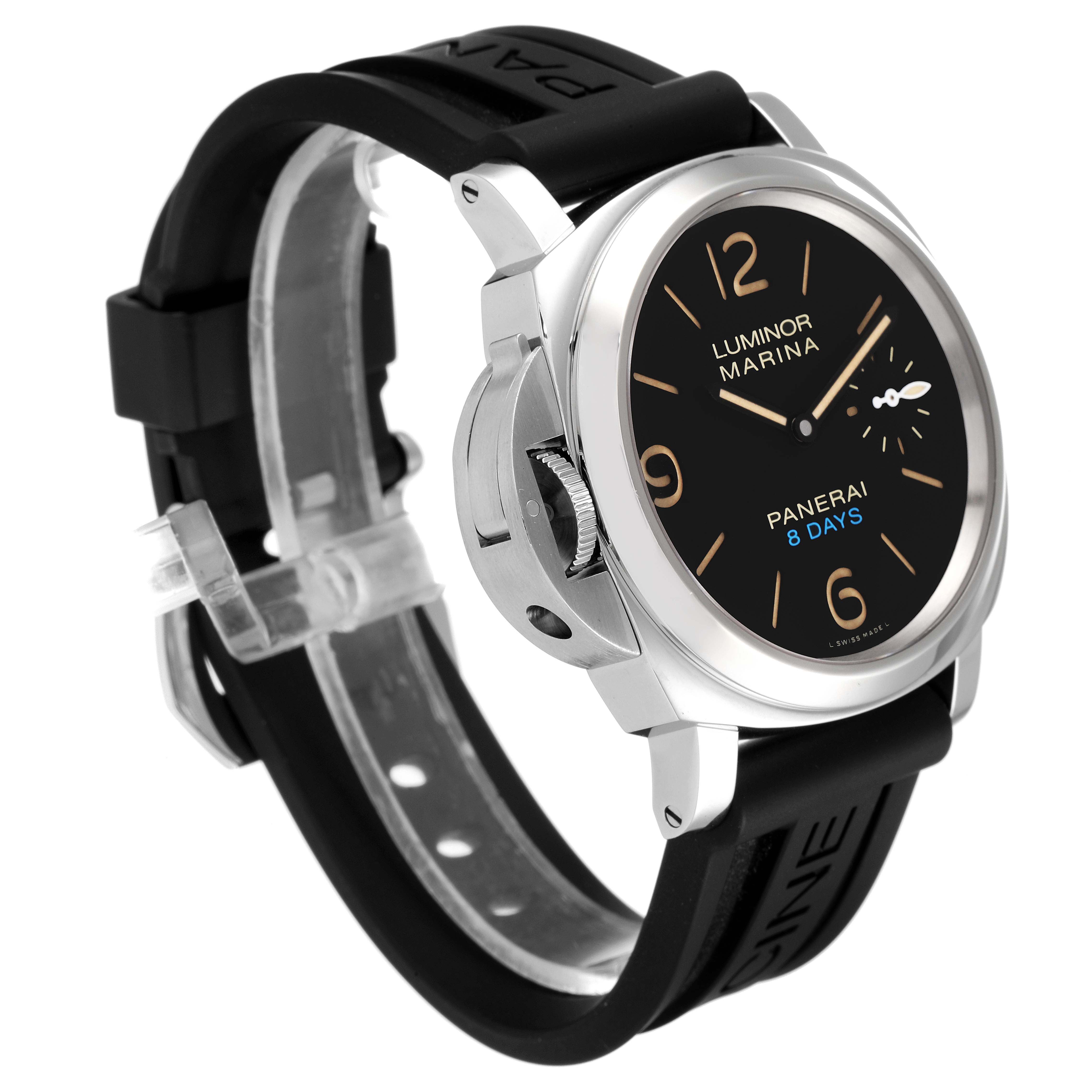 The image shows a Panerai Luminor PAM00796 Men
s Stainless Steel Black Dial PAM00796 Men
s Stainless Steel Black Dial Marina watch at a three-quarter angle, highlighting its black dial, case, and rubber strap.